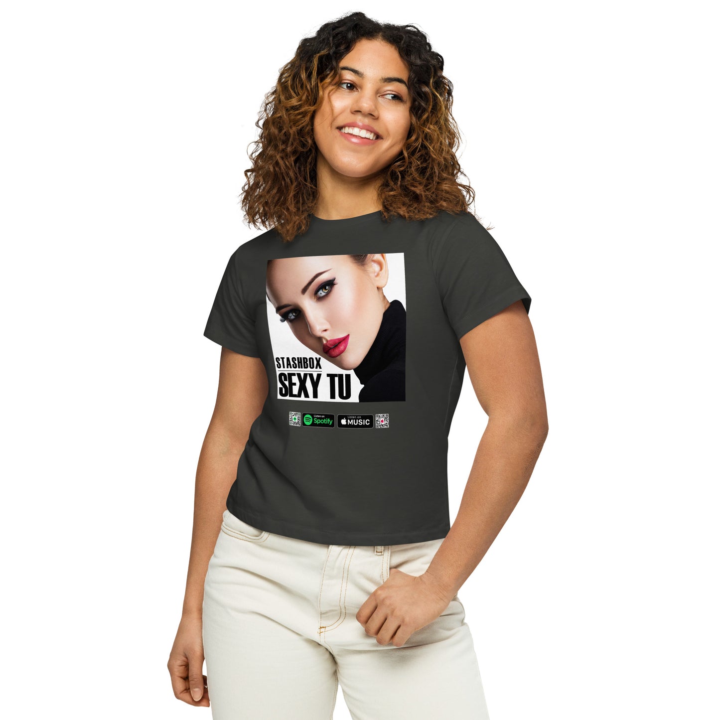Bold & Beautiful: Sexy Tu Women’s High-Waisted T-Shirt - Design #015. Elevate your fashion game with Stashbox.
