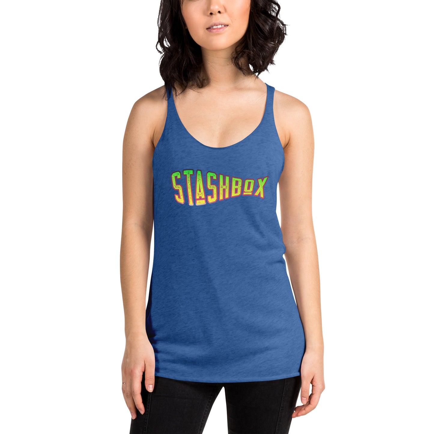 Dive into a world of chic fashion with our Women's Stashbox Racerback Tank Top Shirt, showcasing the unique design #011. Explore unparalleled style, exclusively crafted by Stashbox.