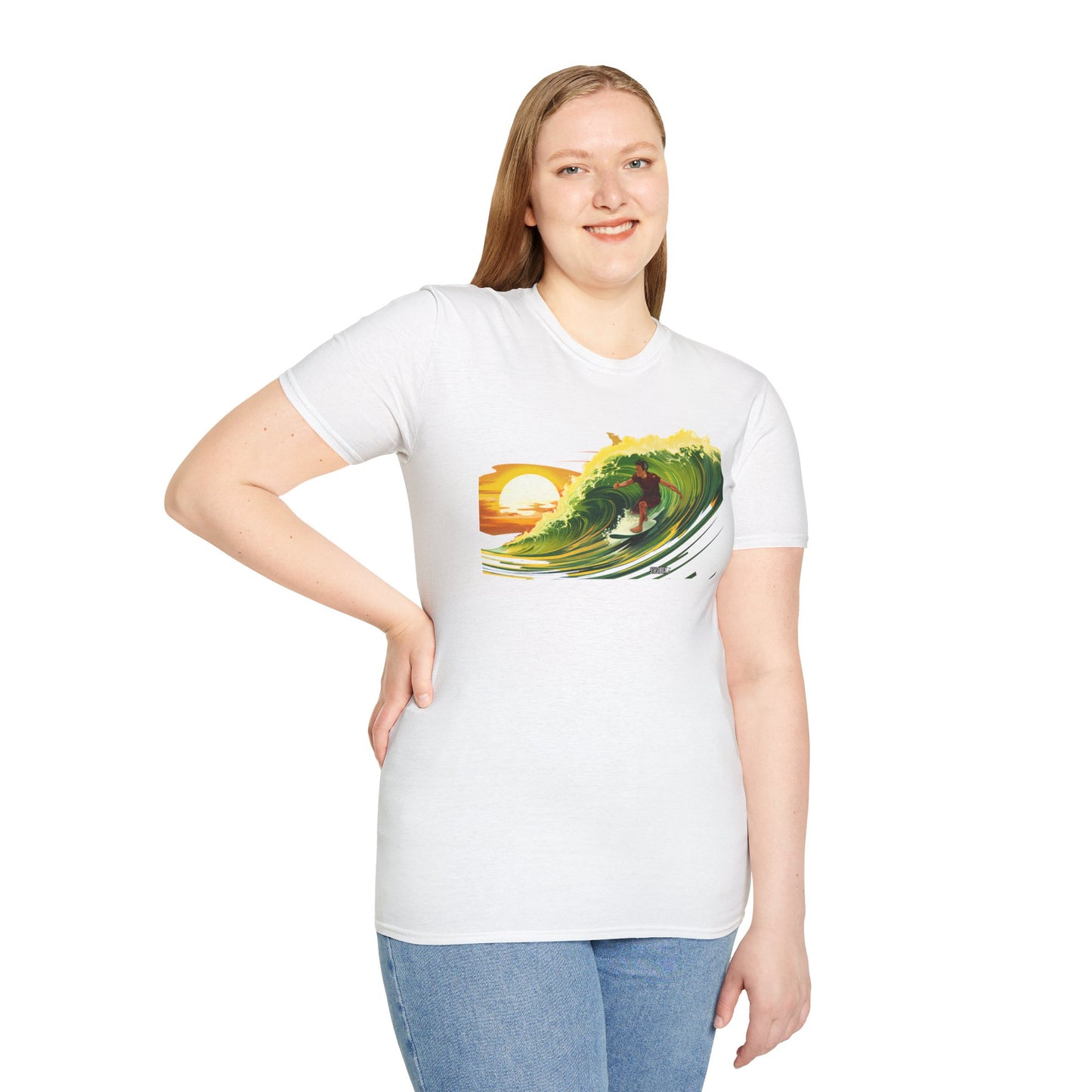 Unisex Softstyle Tshirt Surfing Hawaii Wave Art Green Yellow Red 52