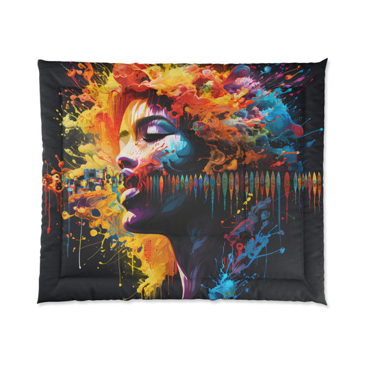 Dive into artistic elegance with our Female Singer Drip Ink Art Comforter, featuring a row of classic Surfboard designs. Surfboards Design #006. Your comfort, your style, exclusively at Stashbox.ai.