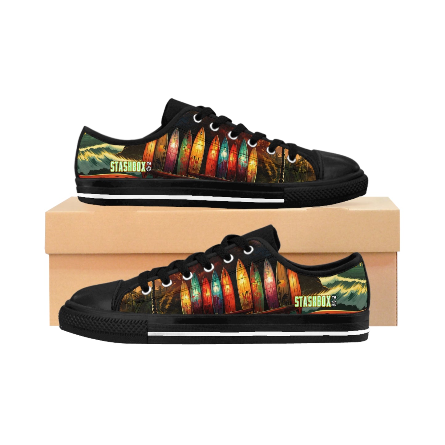 Hawaiian Longboard Surfboards in Stunning Hawaiian Sunset Beach Scene - Custom Men's Sneakers - Surfboard Design #004