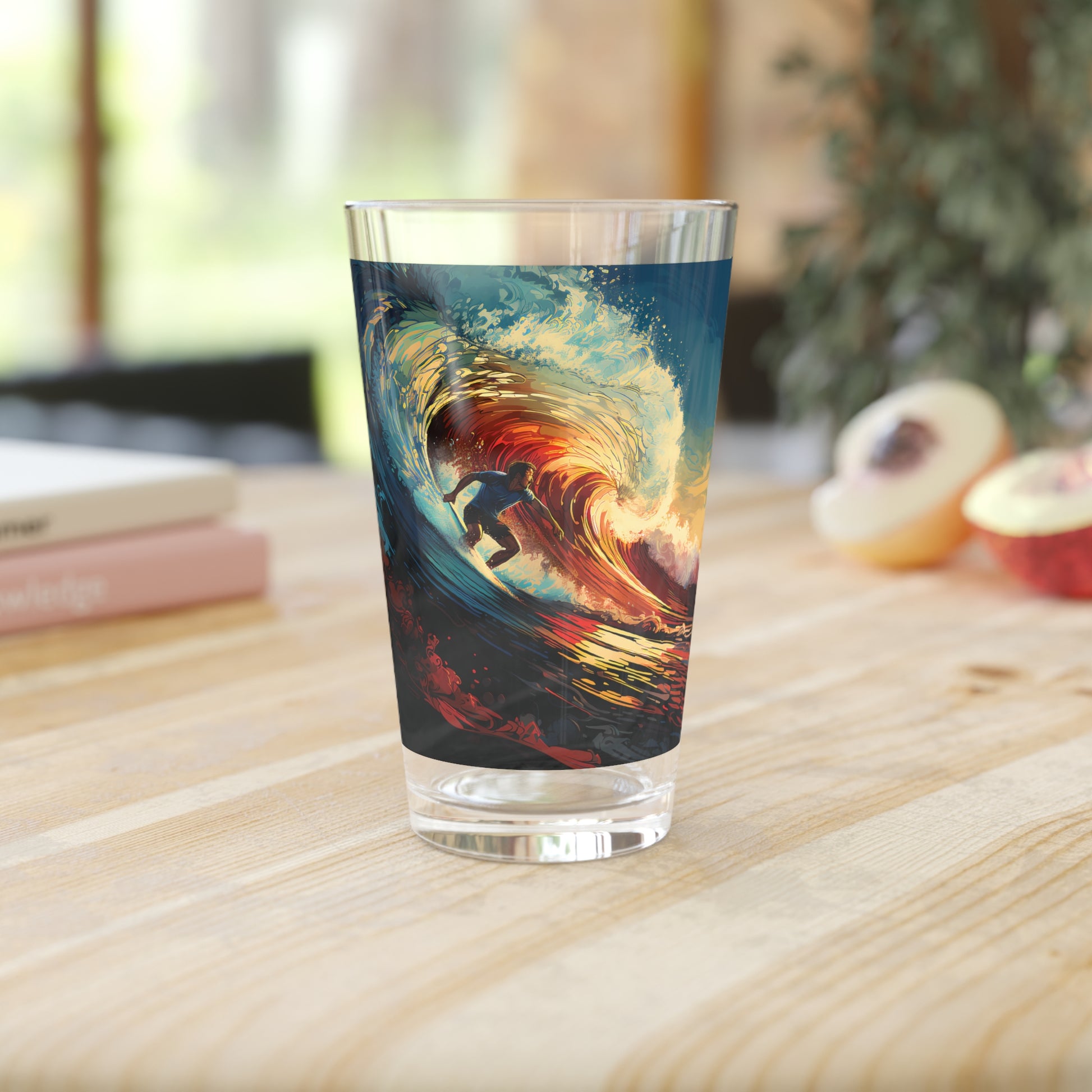 Surfing Color Waves Pint Glass: where art meets functionality. Waves Design #019 encapsulates the joy of riding waves in a vivid, eye-catching design.