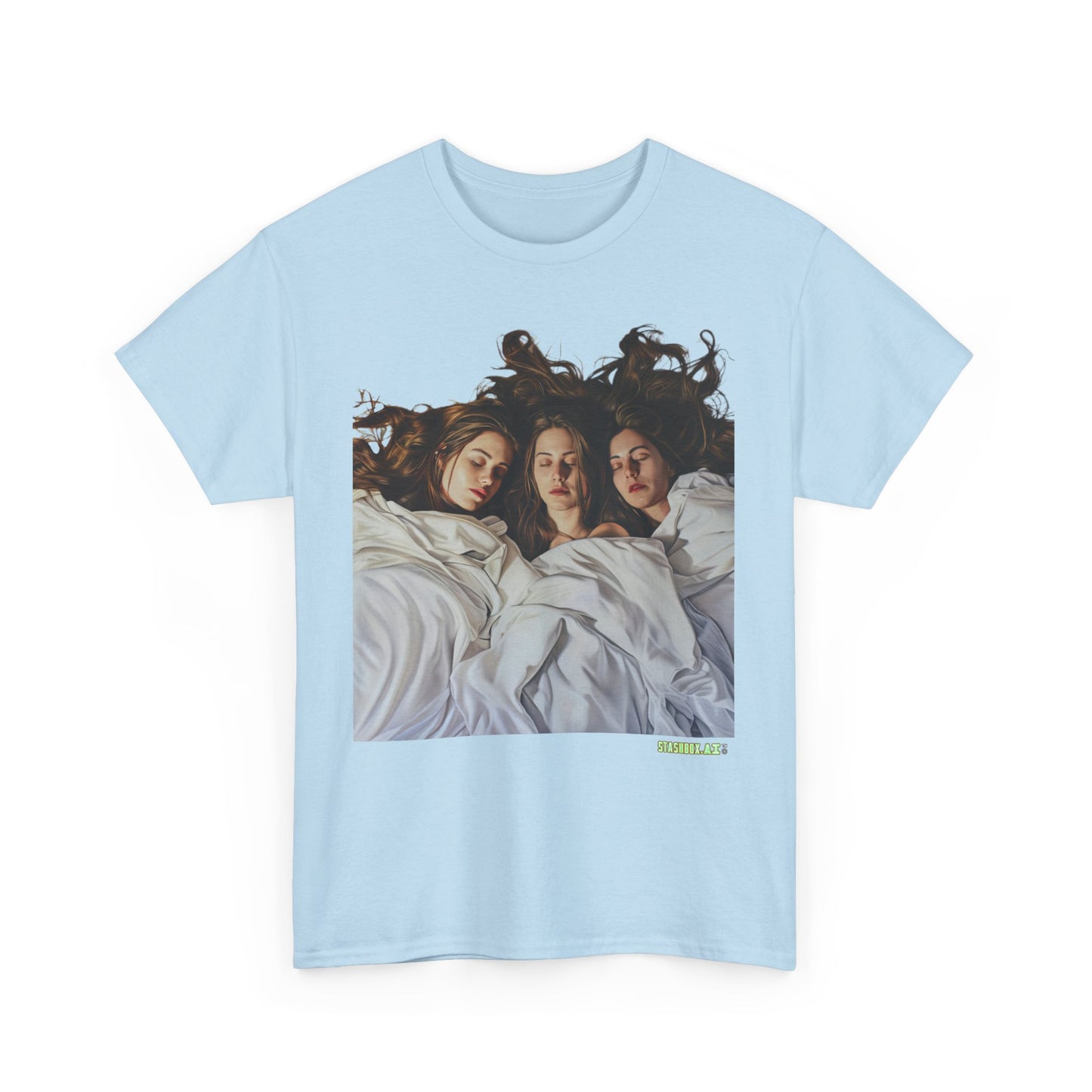 Unisex Heavy Cotton T-Shirt Three Beautiful Woman Sleeping in Bed 0017