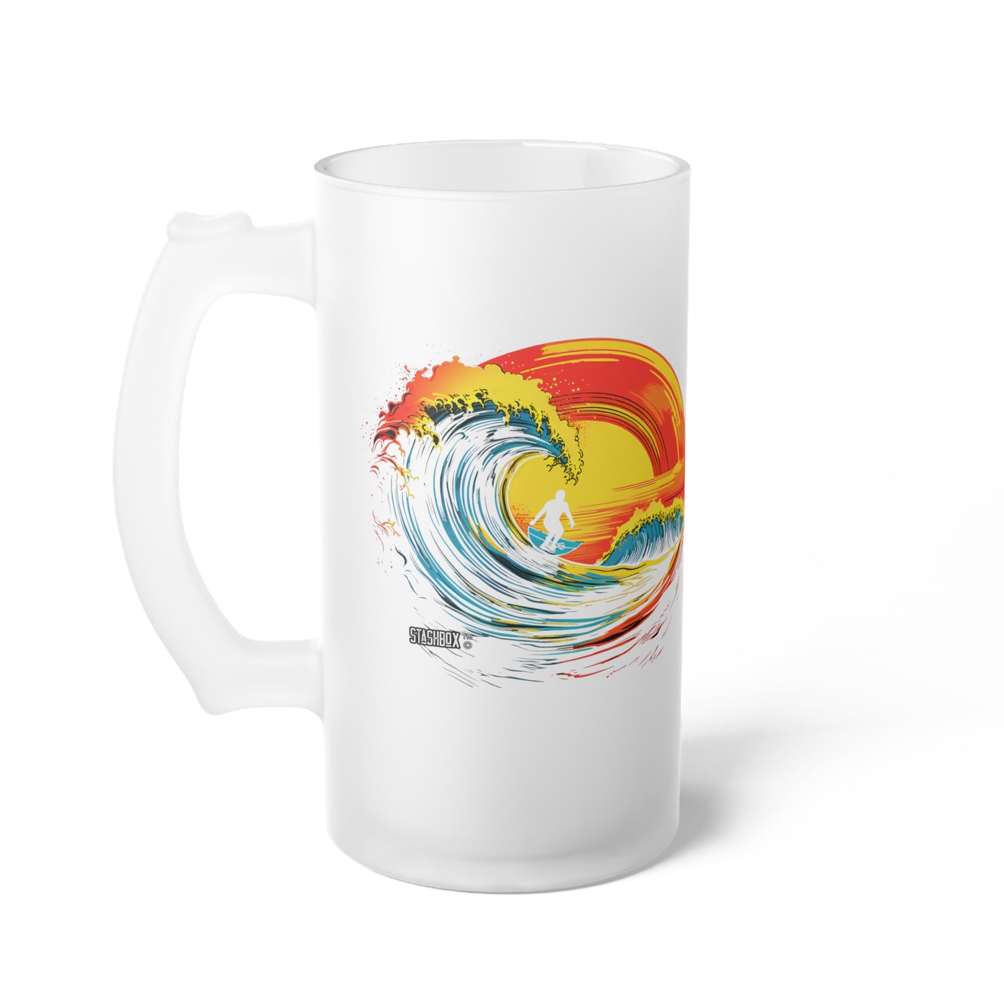 Experience the thrill of the ocean with our Classic Surfing Design Beer Mug, 16oz. 2 Designs in 1 - Waves Design #66. Surfing inspiration in every sip, curated by Stashbox.ai.