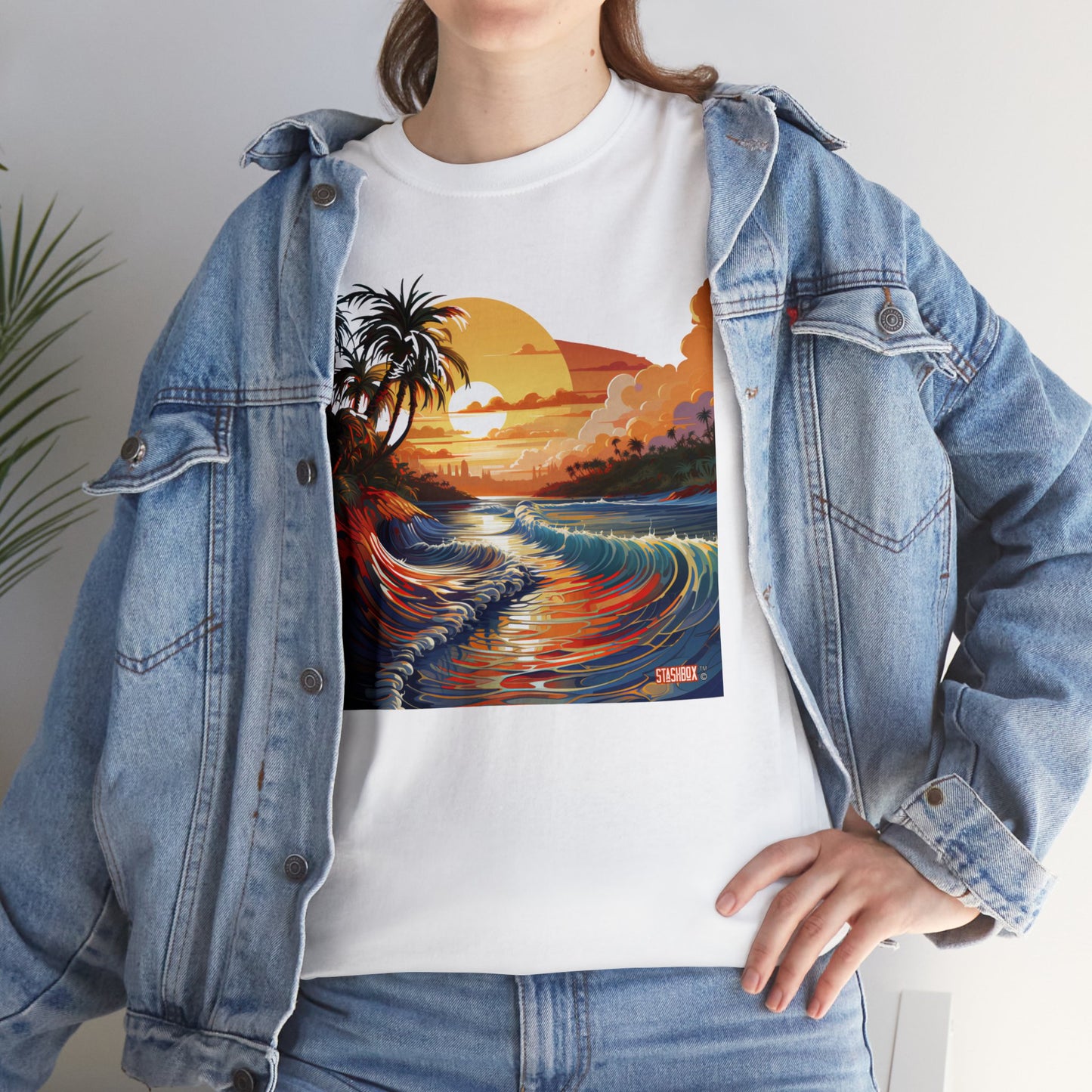 Stunning Sunset Beach Waves Art - Unisex Heavy Cotton Tee - Waves Design #057