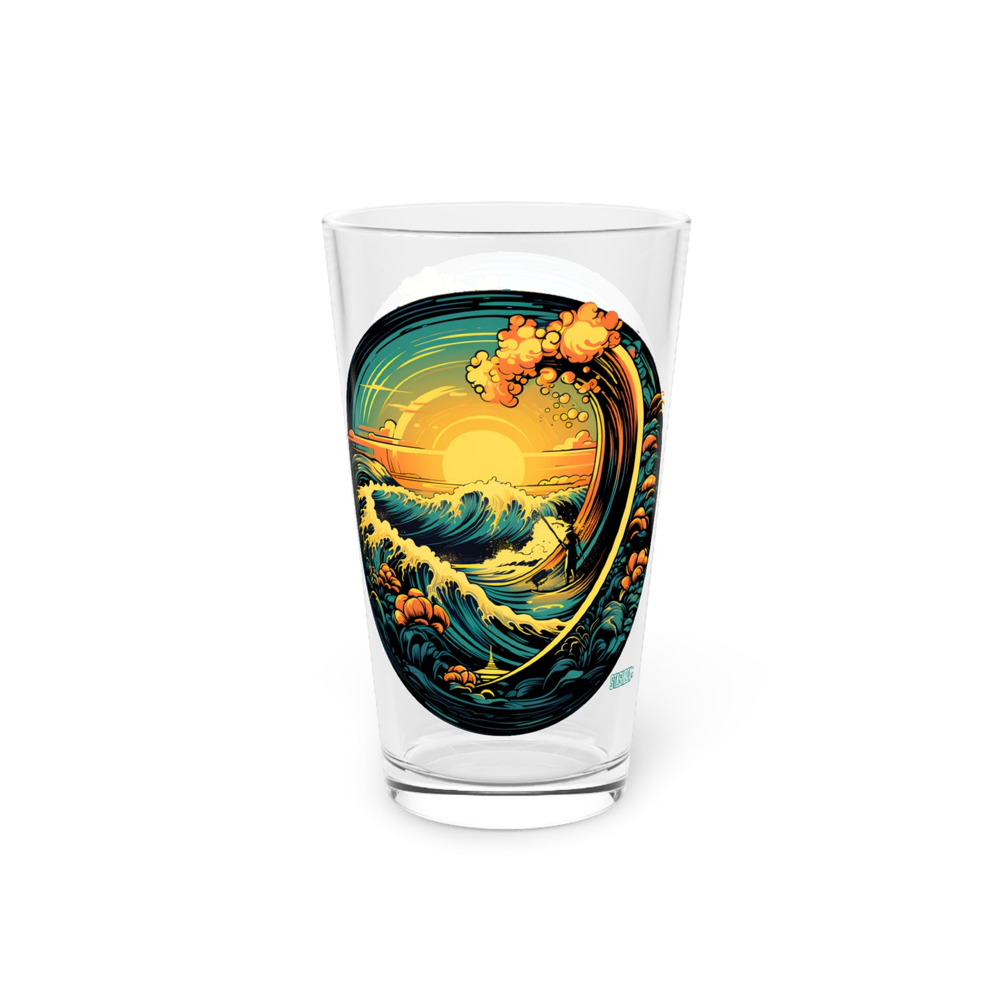 Experience the beauty of a Japanese sunset with our Colorful Sunset Wave Pint Glass, 16oz. Waves Design #042. Traditional elegance meets coastal charm, exclusively at Stashbox.ai.
