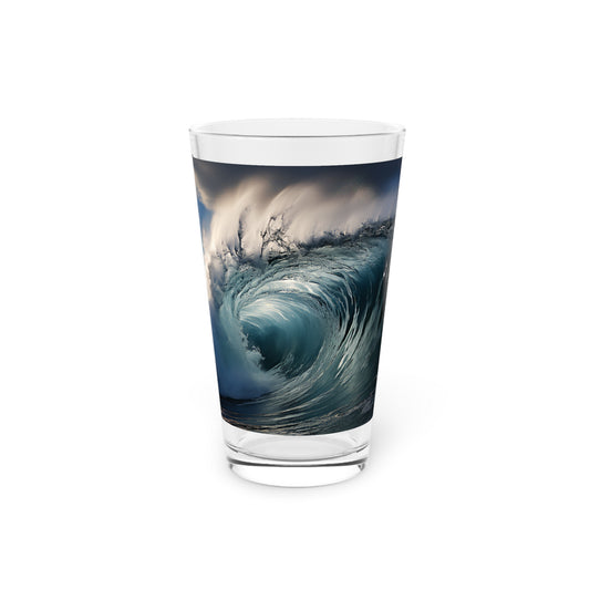 Dive into the power of the ocean with our Giant Barrel Wave Pint Glass, 16oz. Your drink, your wave, captured in every sip, exclusively at Stashbox.ai.