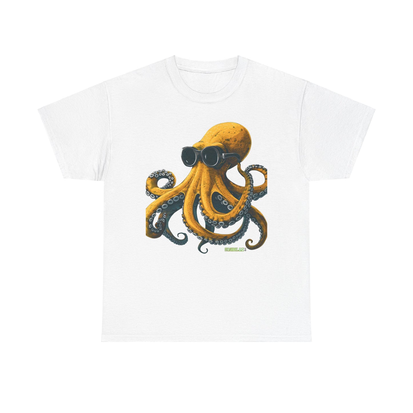 Unisex Adult Size Heavy Cotton Tshirt Drawn Yellow Octopus 001