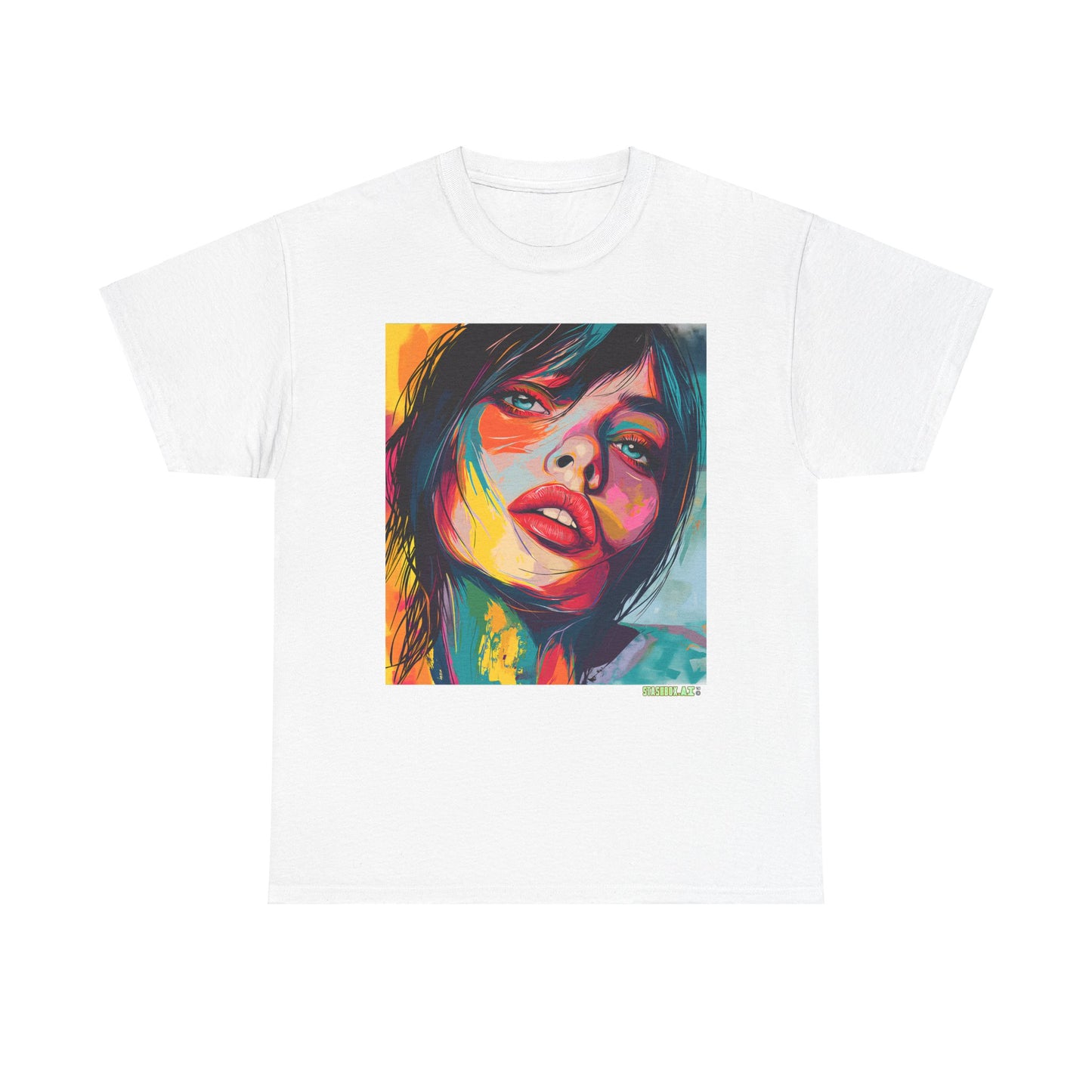 Unisex Heavy Cotton T-Shirt Beautiful Woman Drawn in Rainbow Ink 018