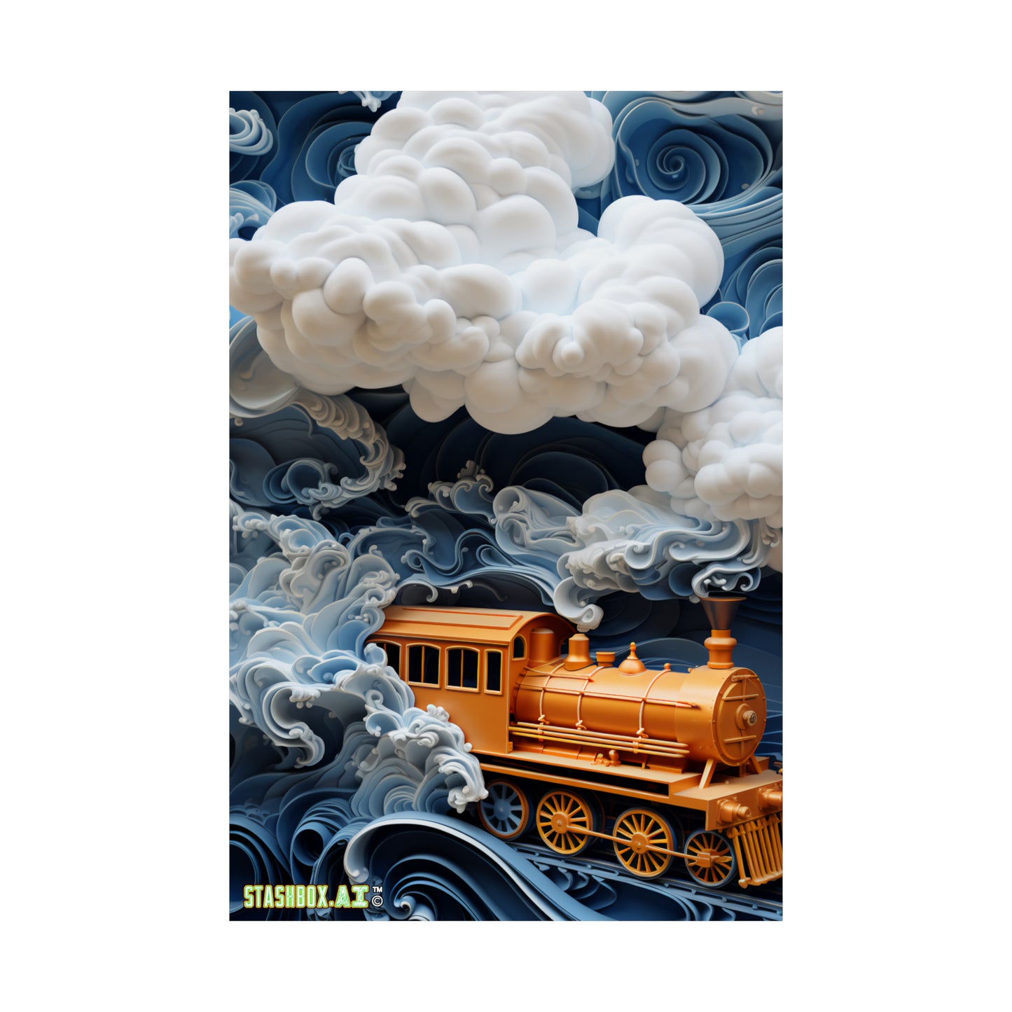 Matte Vertical Poster Train 3D Textured Psychedelic Puffy Clouds Ocean Waves Train 016