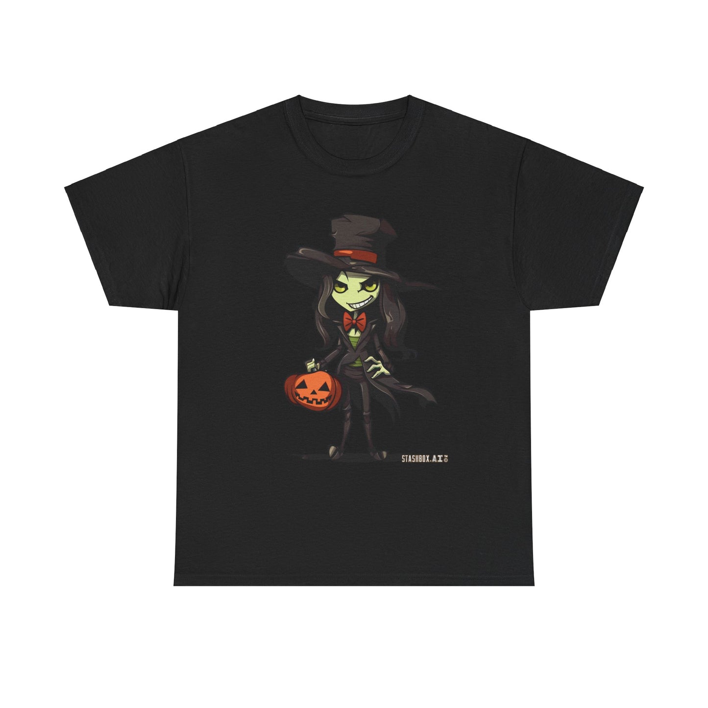 Cute Scary Trick-or-Treating Halloween Girl - Unisex Black Heavy Cotton Tee - Halloween Design #001