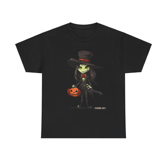 Cute Scary Trick-or-Treating Halloween Girl - Unisex Black Heavy Cotton Tee - Halloween Design #001