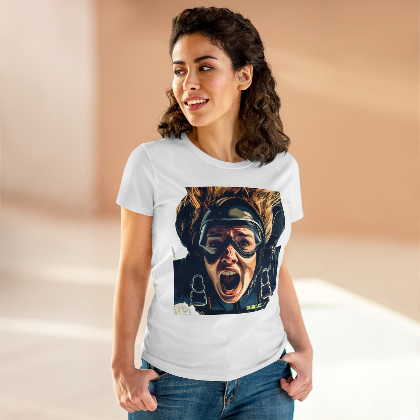 Women's Midweight Cotton Tshirt Terrified Skydiver Close Up 020