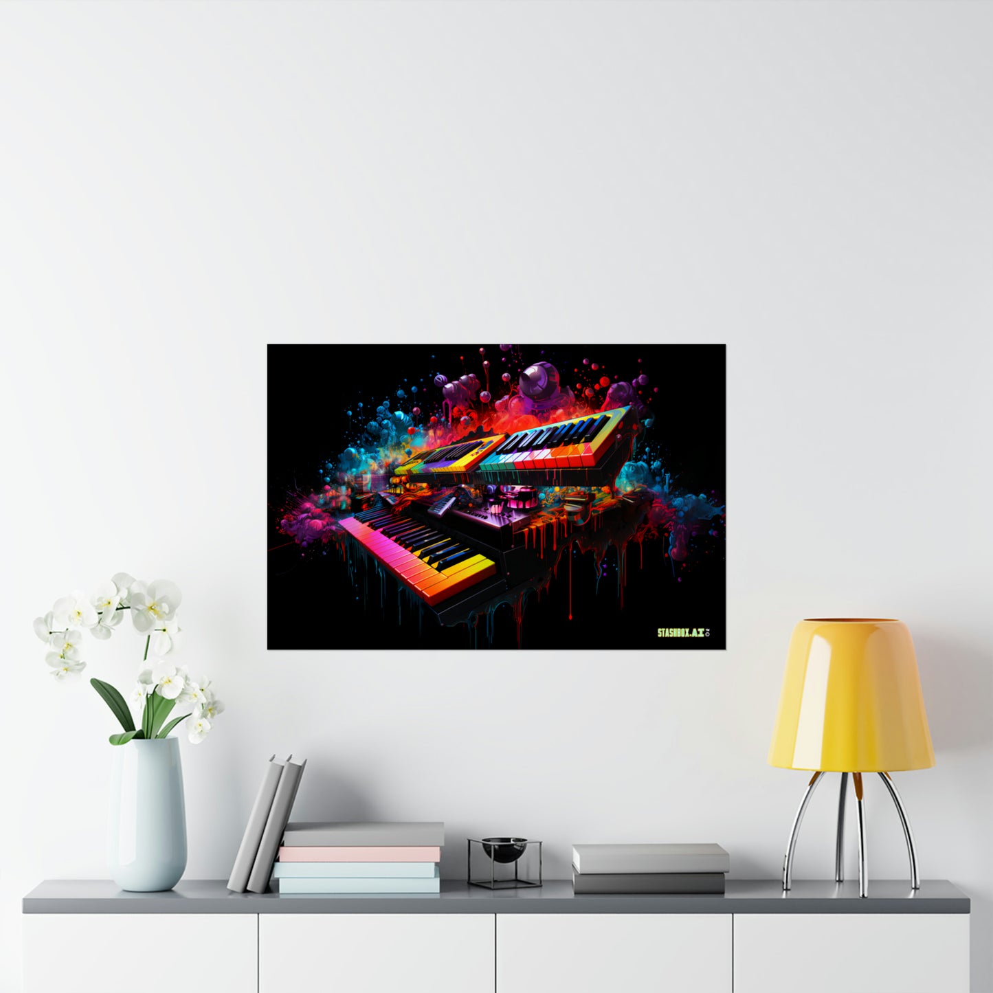 Matte Horizontal Poster Vibrant Colors Pianos and Color Splatter  001