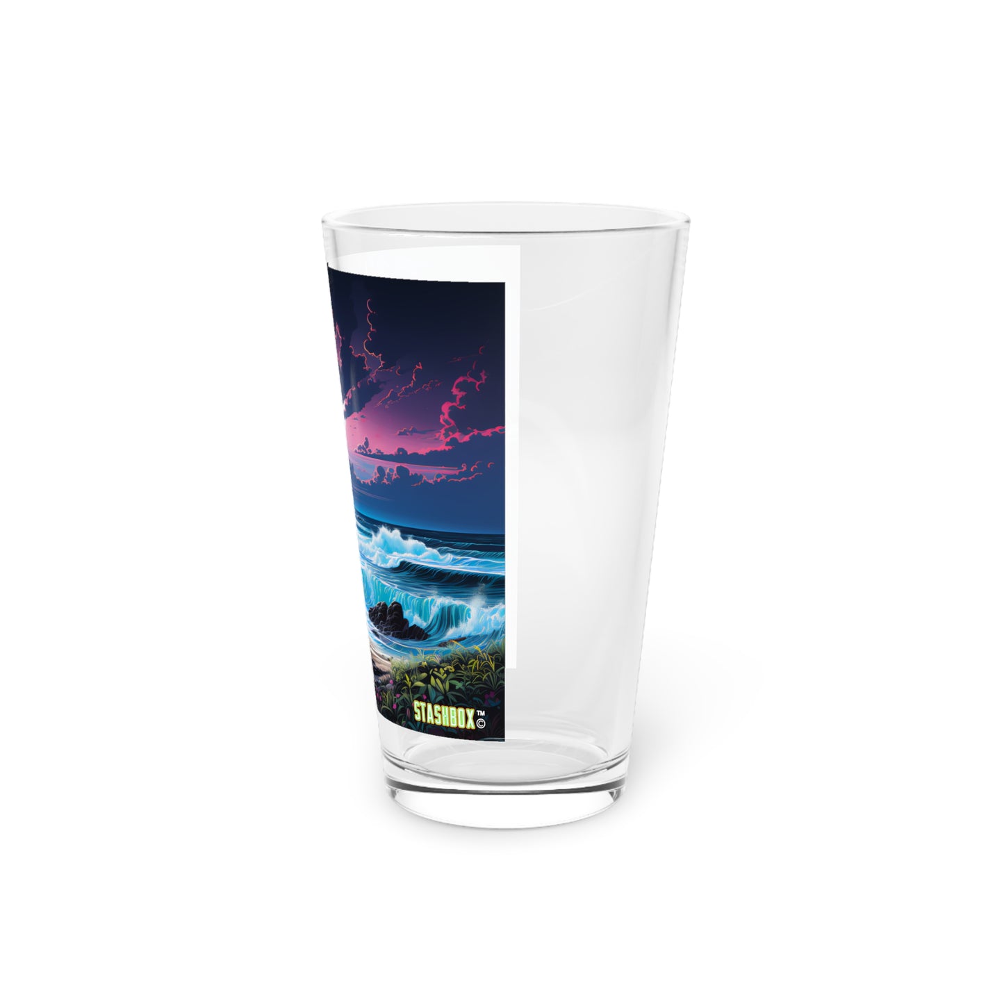 Transport yourself to a Tropical Paradise Beach Night Sky with our Pint Glass - Waves Design #018. Crafted by Stashbox.ai, this 16oz glass mirrors the serene beauty of a beach night. Sip your drinks in bliss, letting the waves and stars paint a picture of tranquility.