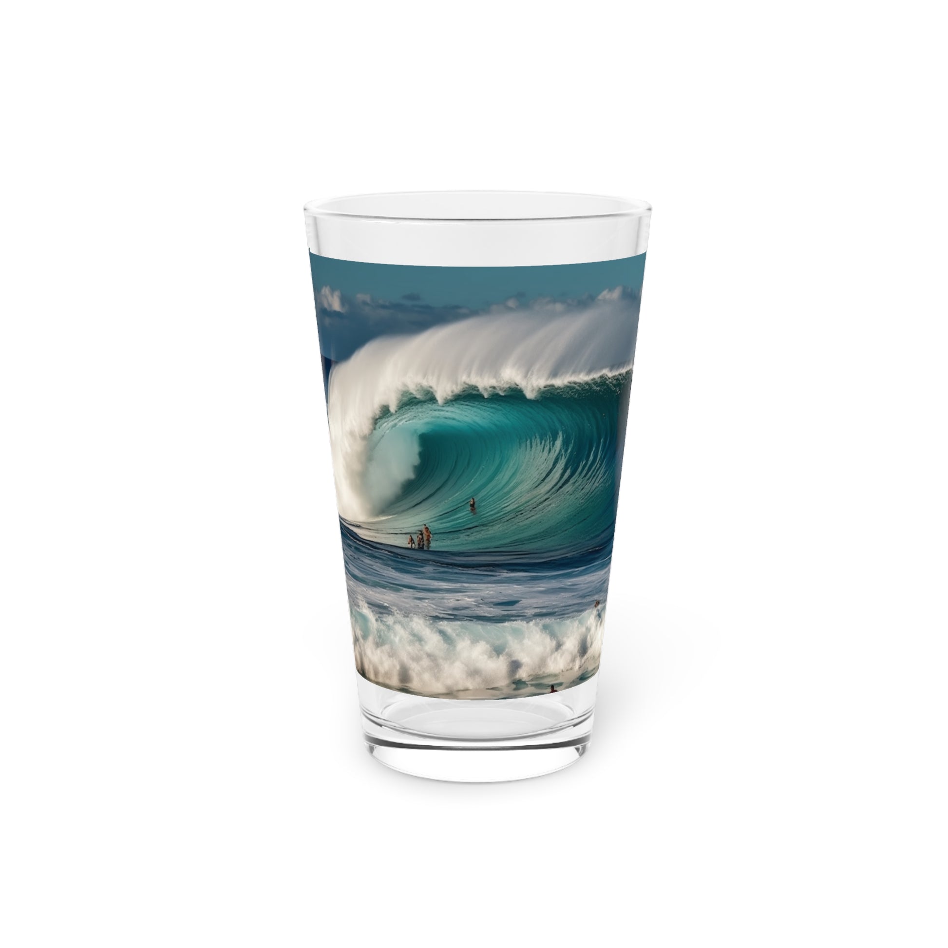Experience the legendary Pipeline: North Shore, Oahu, Hawaii, US Pint Glass. Waves captured in a glass, exclusively at Stashbox.ai.