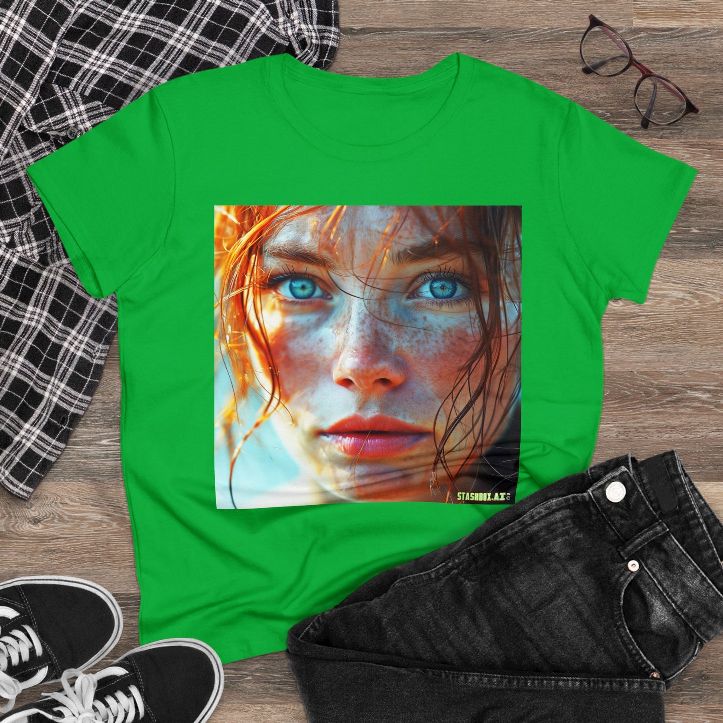 Women's Midweight Cotton Tshirt Redhead Model Beautiful Face Close Up 020