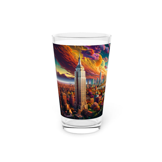 Urban Dreamscape Psychedelic Skyline Pint Glass - Stashbox New York Art - #PsychedelicCityscape #VividColors #StashboxGlassware #UrbanDreams