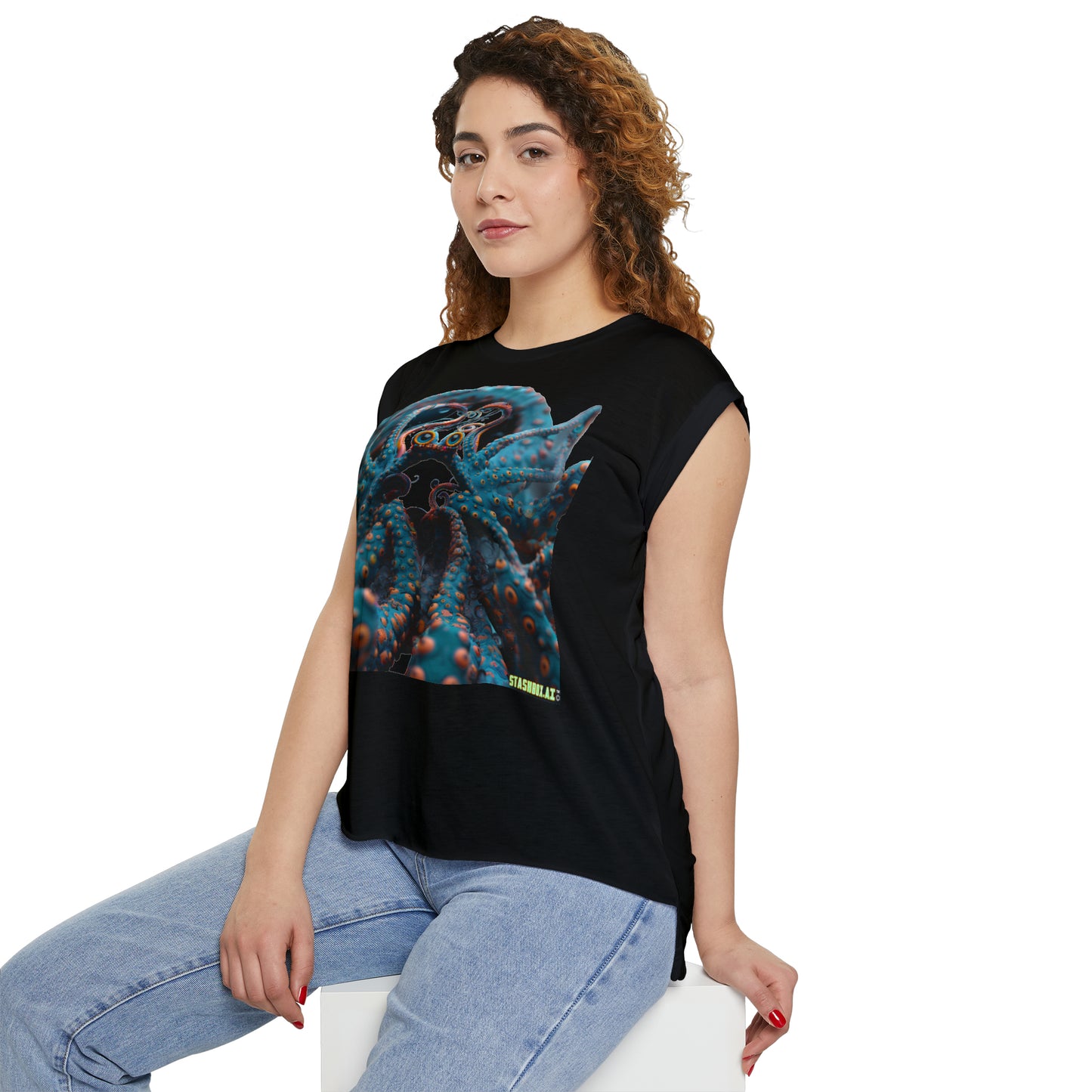 Women’s Flowy Rolled Cuffs Muscle Tee Turquoise Sea Creature  001