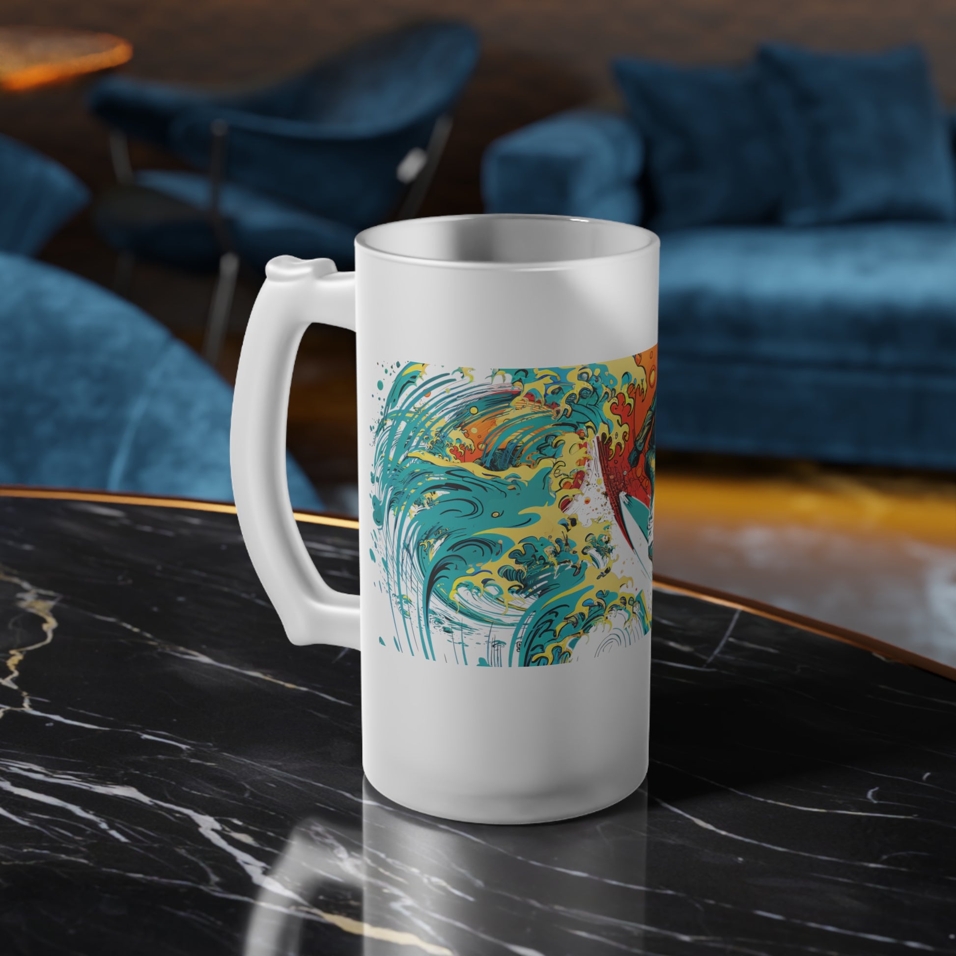 Surfing Astronaut Space Wave Frosted Glass Beer Mug, Waves Design #067. Unleash your inner explorer with every sip. Space-inspired art meets the thrill of the waves.