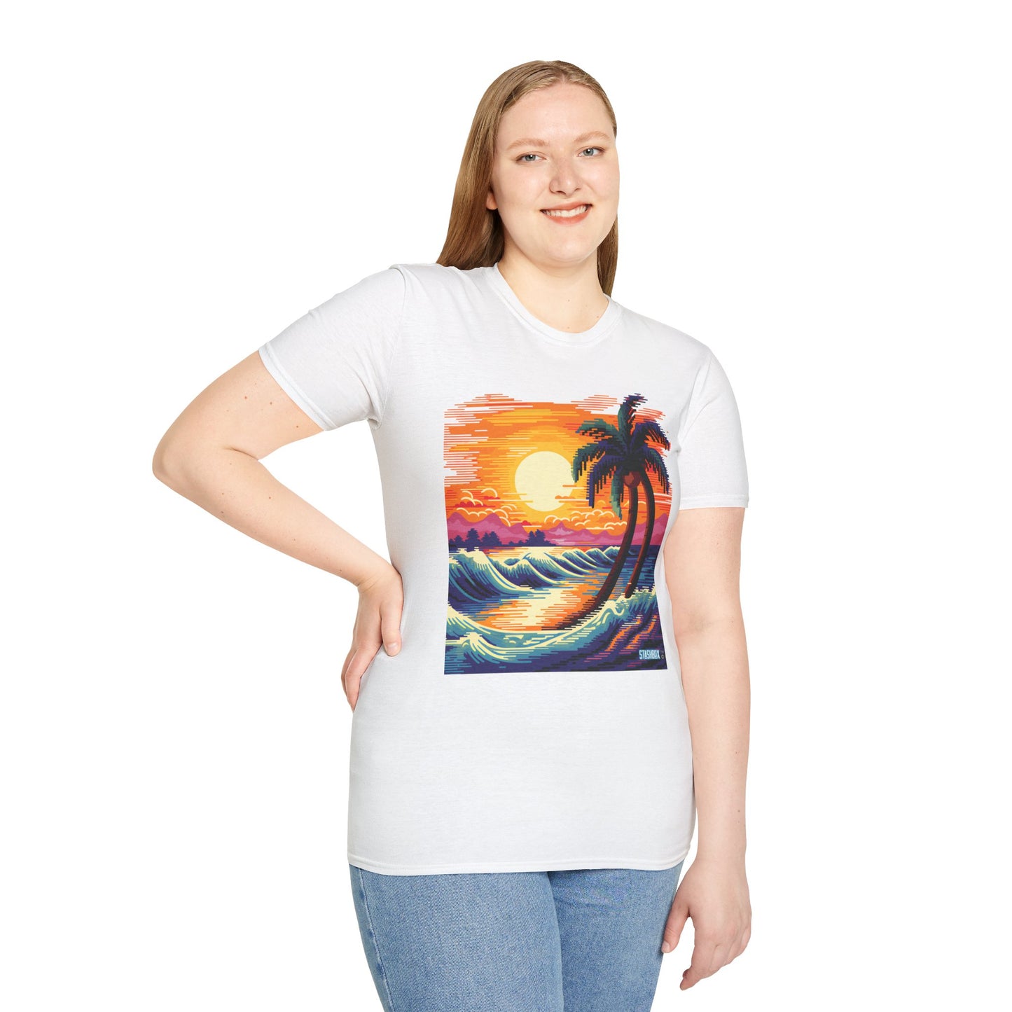 Tshirt Unisex Softstyle Psychedelic Sunset Colors, Cross Stitch Style Tropical Waves 50