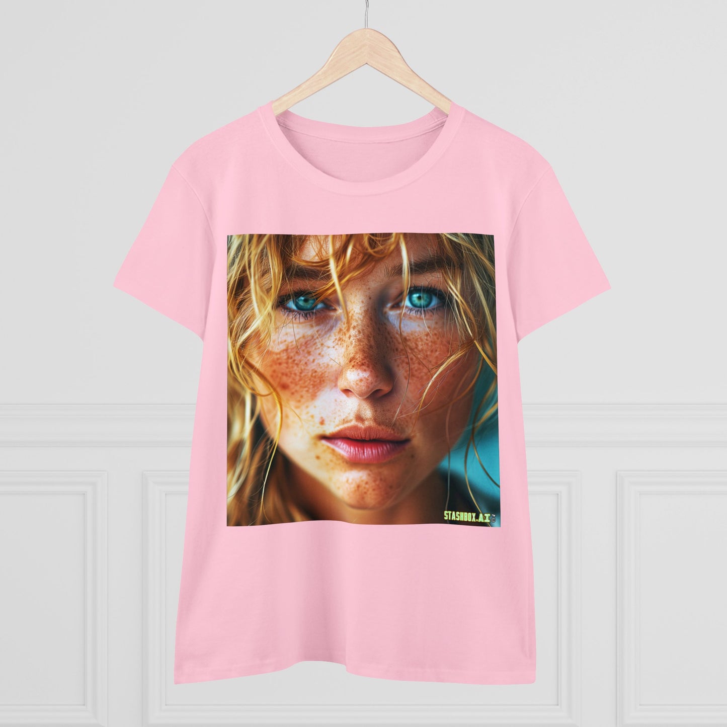 Women's Midweight Cotton Tshirt Redhead Model Beautiful Face Close Up 021