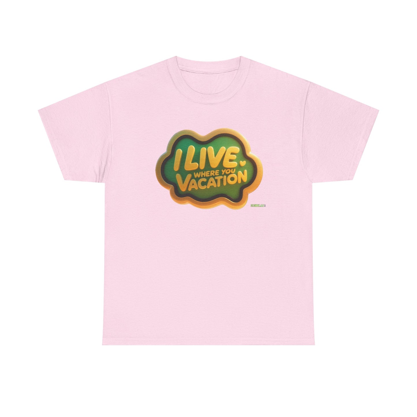 Vacation Vibes Unisex Heavy Cotton Tee - "I Live Where You Vacation" Green & Yellow