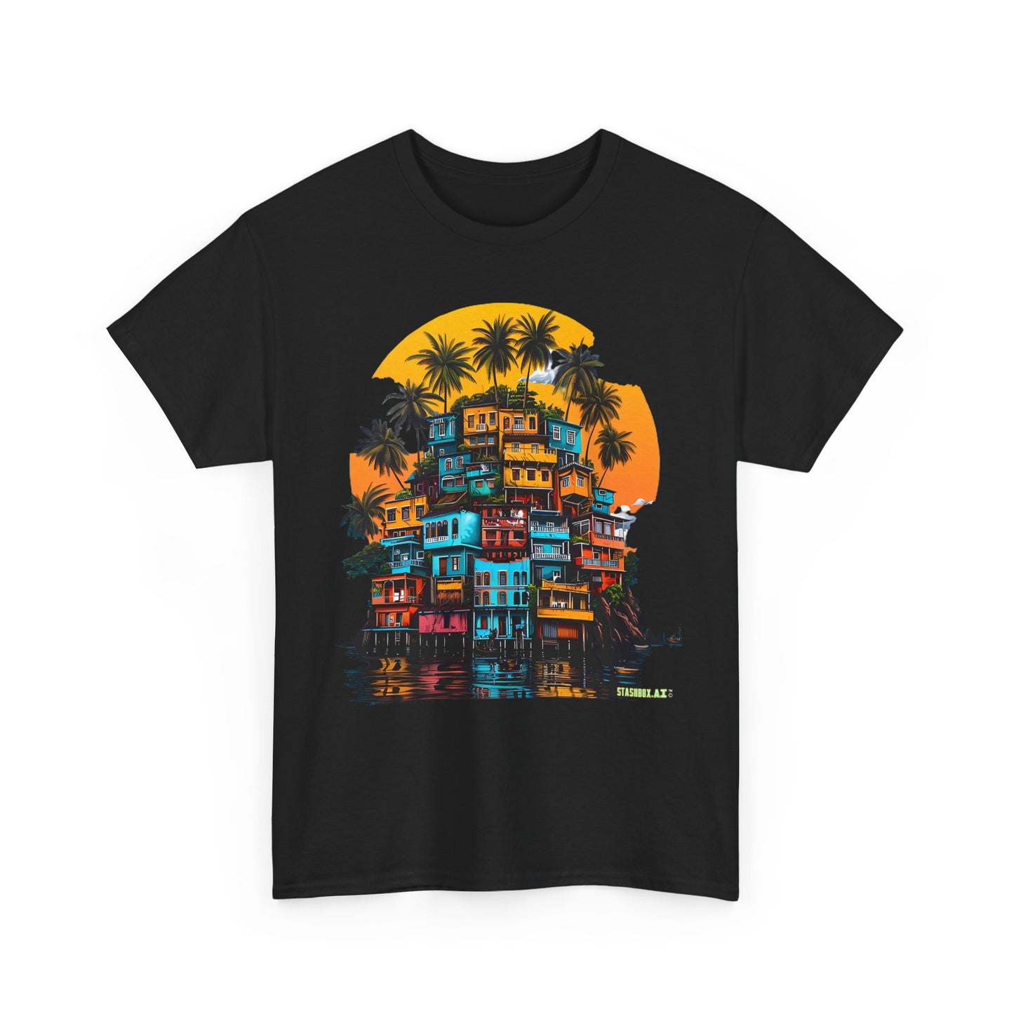 Heavy Cotton Tshirt Stacked Buildings Palm Trees Giant Sun 001