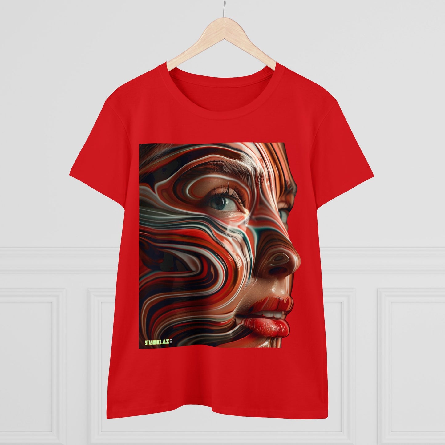 Women's Midweight Cotton Tee Pretty Model Red Swirl Face Paint 025