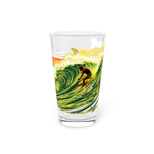Dive into the spirit of Hawaii with our Surfing Wave Art Pint Glass. Exclusive to Stashbox.ai, this 16oz glass showcases vibrant green, yellow, and red waves, capturing the essence of the Hawaiian surf. Elevate your drinking experience today!