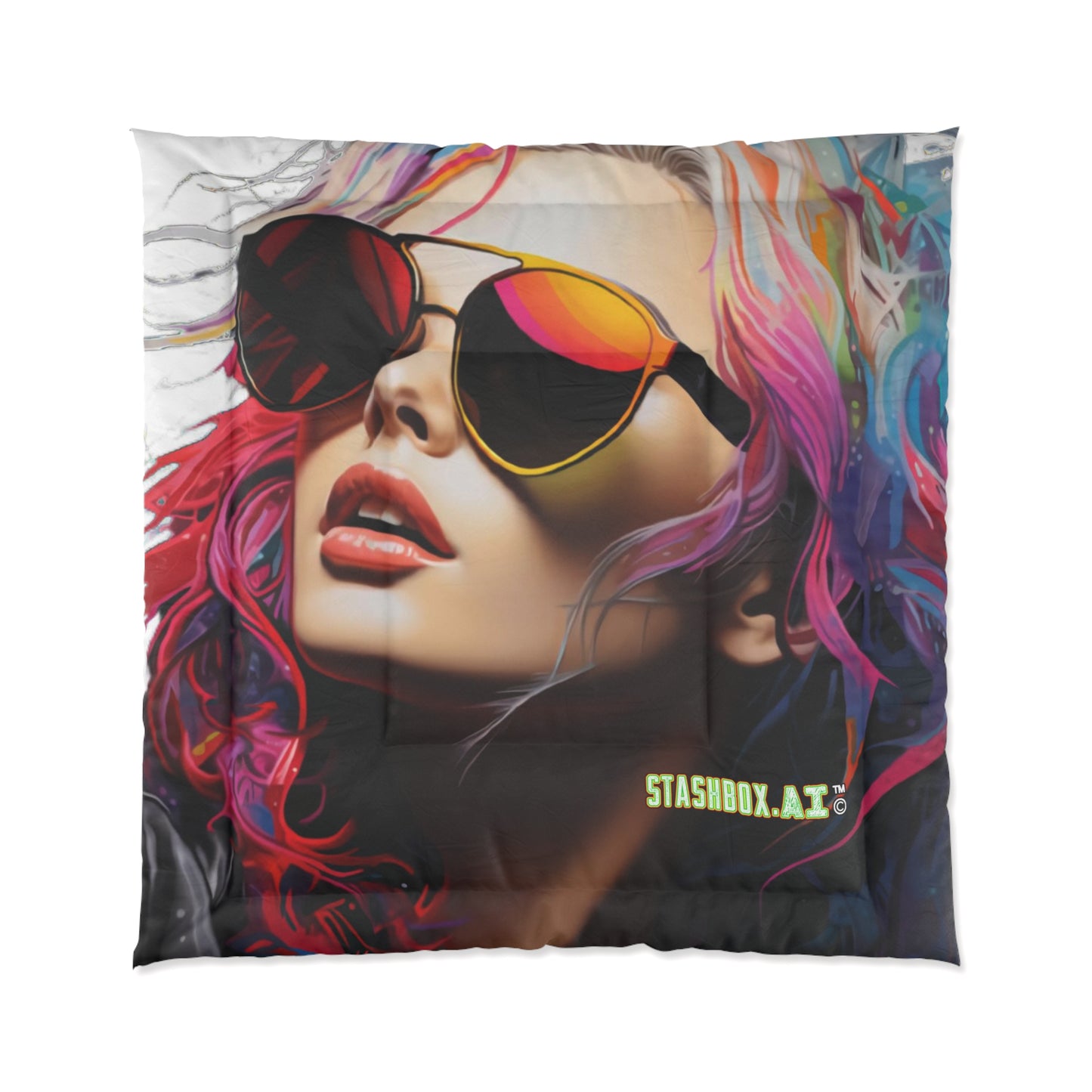 Bedding Comforter Beautiful Model w/Sunglasses Drawn with Rainbow Ink #013