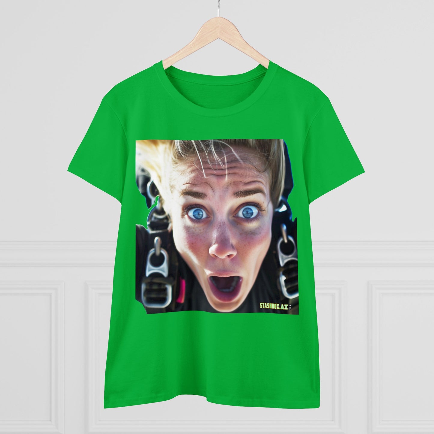 Women's Midweight Cotton Tshirt Terrified Skydiver Close Up 023