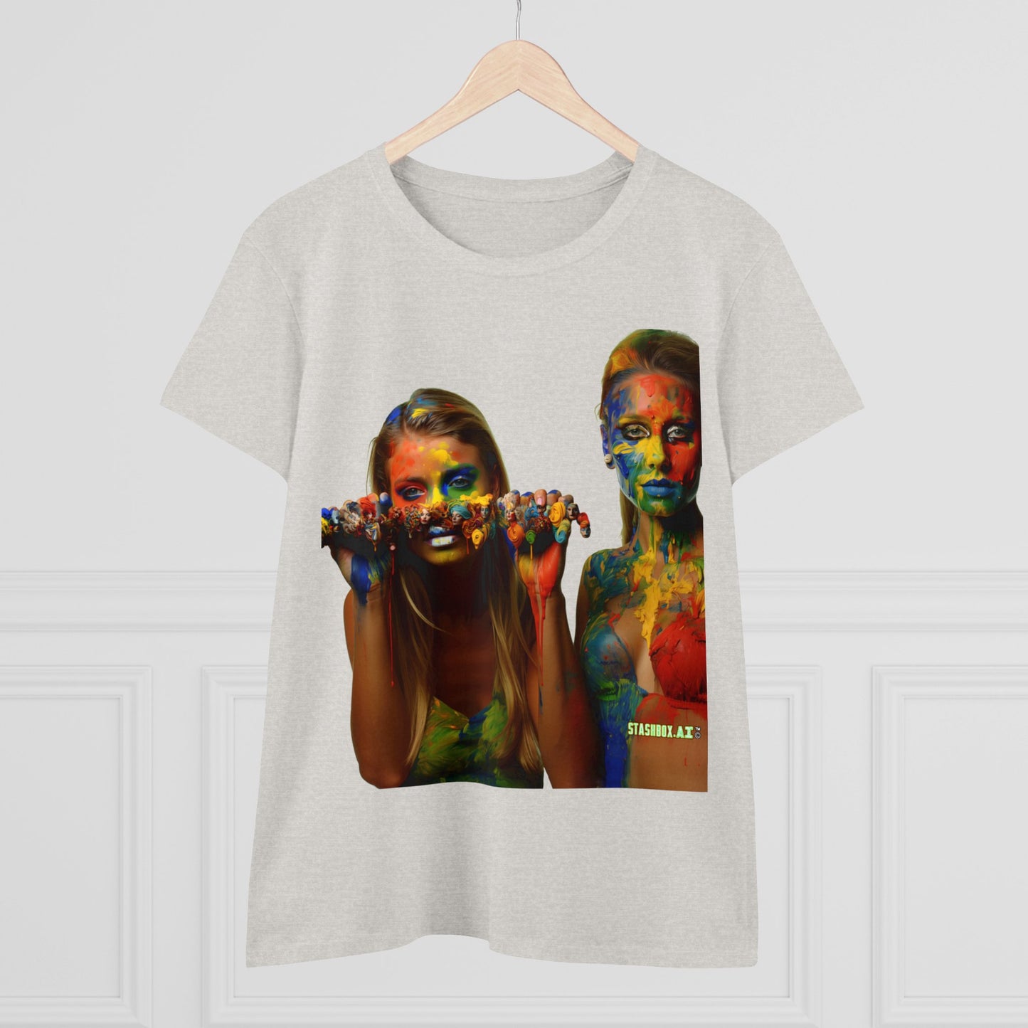 Women's Midweight Cotton Tshirt Two Beautiful Models Covered in Rainbow Paint 023