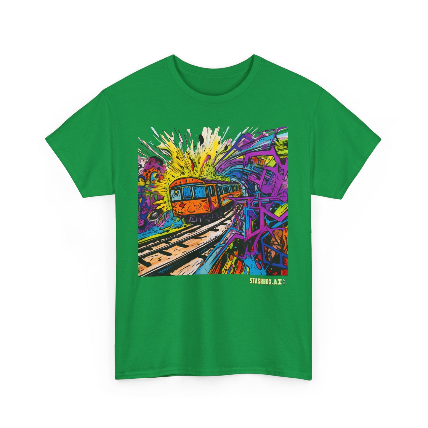 Insane Vibrant Color Train Roaring Down Track -  Unisex Heavy Cotton Tee - Stashbox Train Design 018