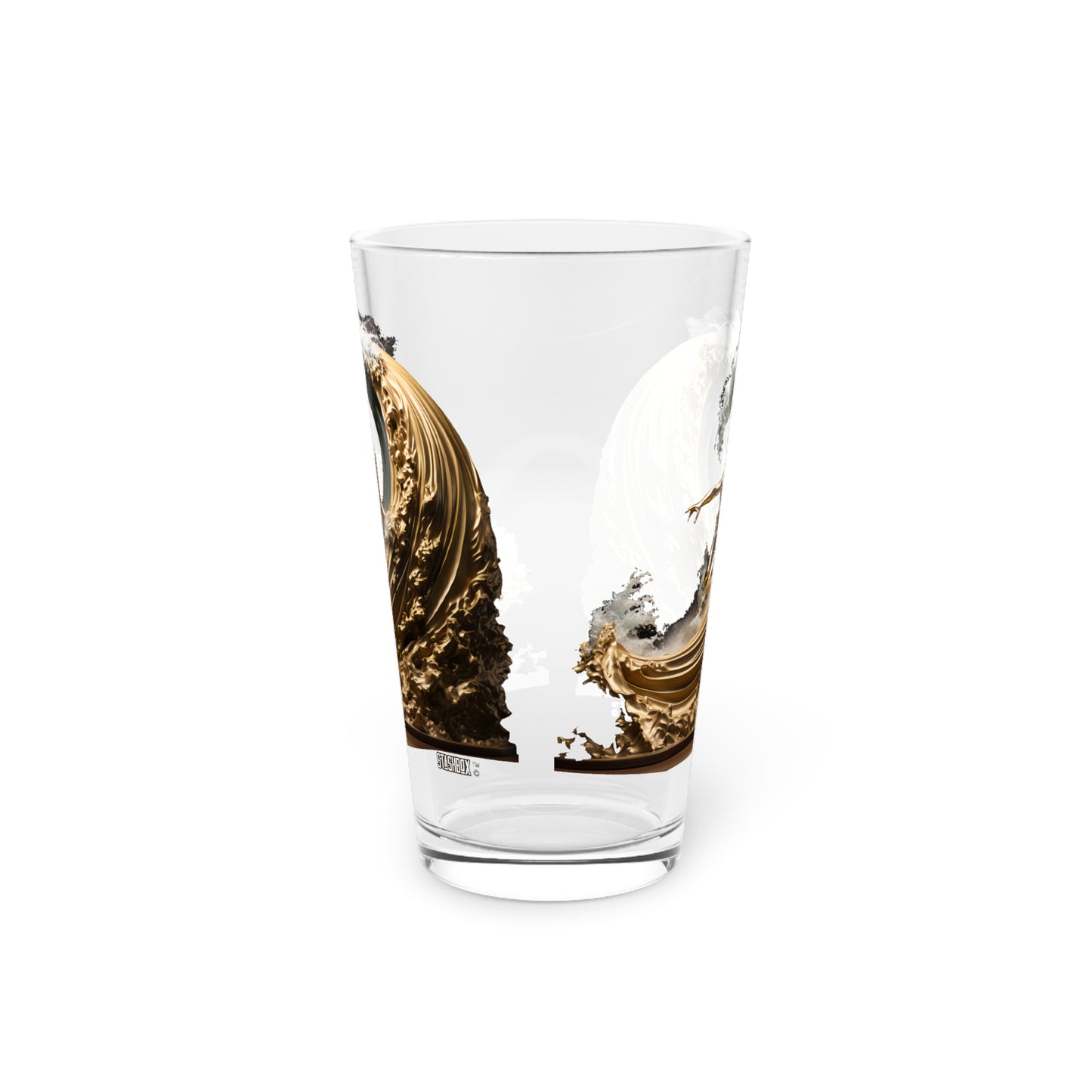 Pint Glass, 16oz Golden Wave Statue 064