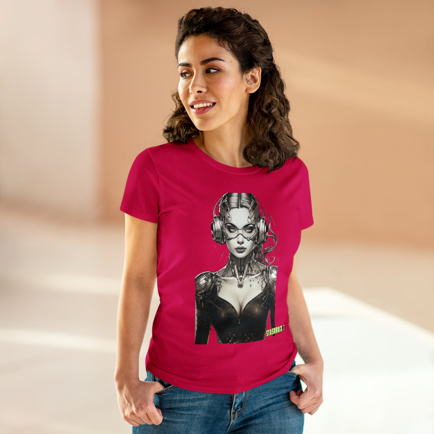 Elevate your style with the Silver Stunner Women's Tee: Stashbox Character Design #001. Embrace the power of a female superhero supermodel cyborg, exclusively from Stashbox.ai.