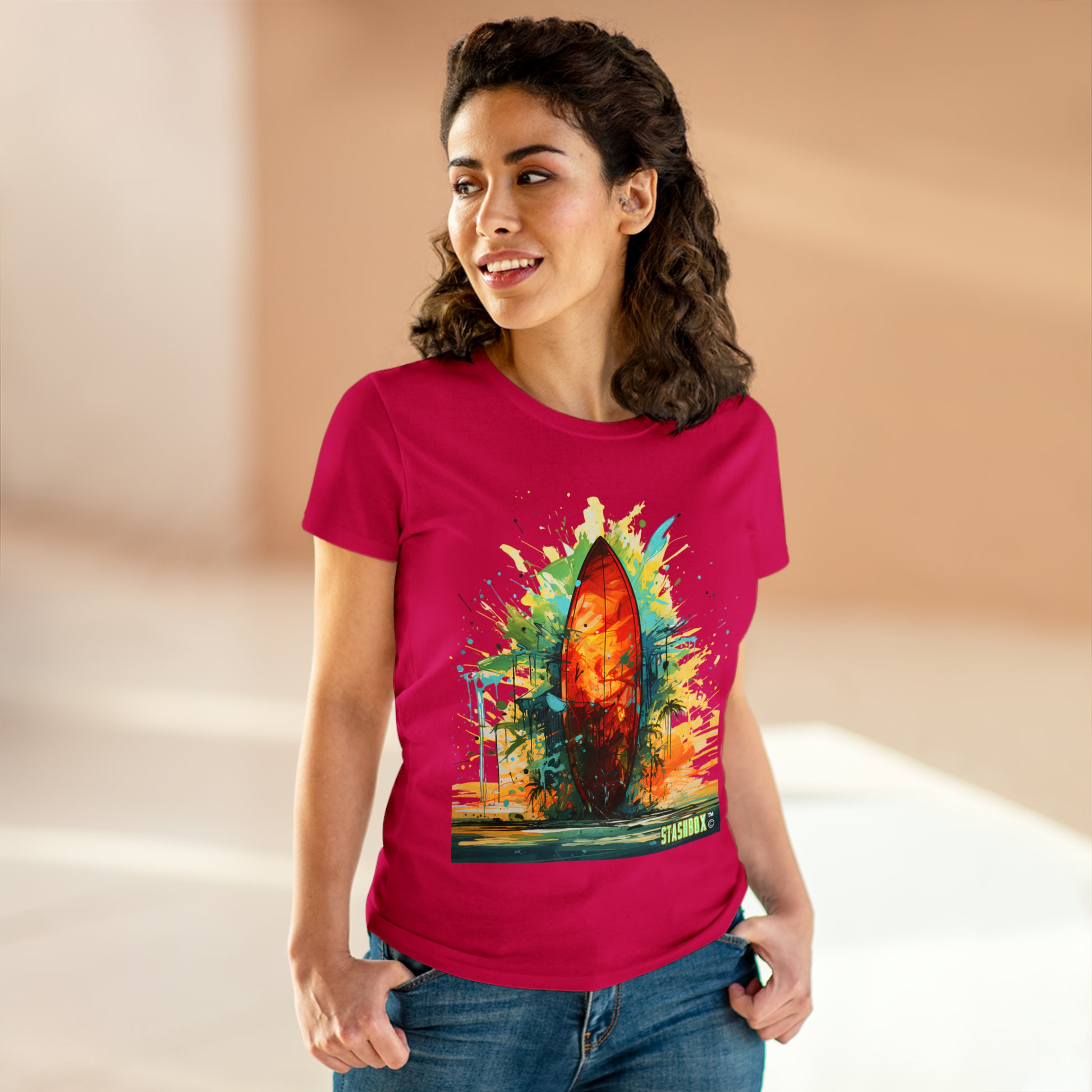 Beachy Hues, Stylish You: Embrace the spirit of the shore with our Women's Midweight Cotton Tee - Surfboard Design #010. Featuring vibrant paint art, this tee captures the essence of beachy bliss and artistic expression. 🎨🏖️ #BeachVibes #StashboxStyle #SurfboardCharm