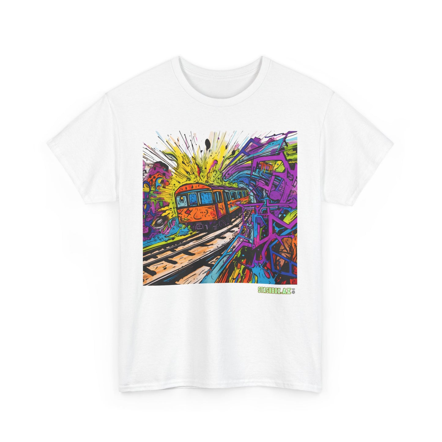 Insane Vibrant Color Train Roaring Down Track -  Unisex Heavy Cotton Tee - Stashbox Train Design 018