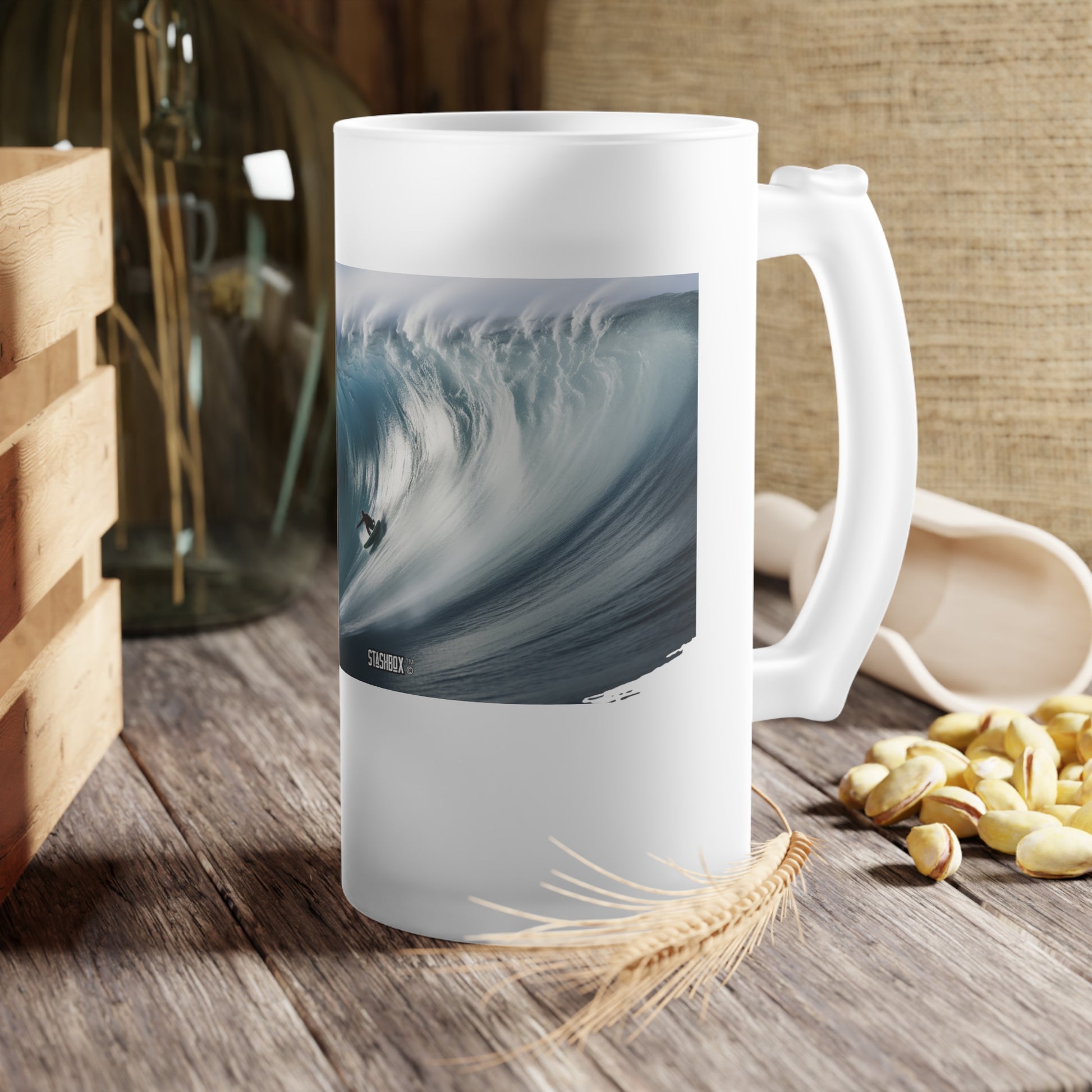 Surf's Up in Every Sip: Dive into the heart of the ocean with our Frosted Glass Beer Mug - Waves Design #061. Featuring a surfer conquering a monstrous 61-foot wave, this mug brings the adrenaline of the surf to your drinking experience. 🌊🍻 #SurfingSpirit #GiantWaveAdventure #StashboxMug