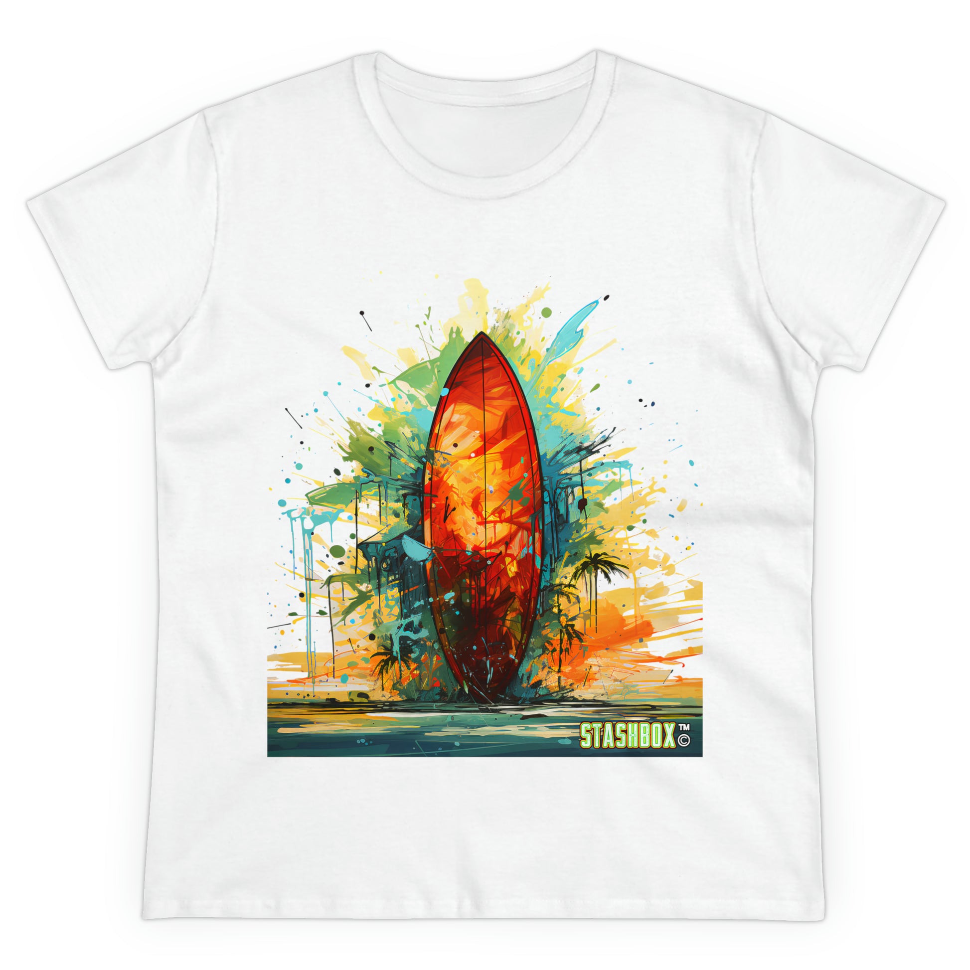 Catch the Wave of Style: Our Women's Midweight Cotton Tee with Surfboard Design #010 brings vibrant paint art to life. Experience the allure of bold colors and beach vibes. 🏄‍♀️🎨 #SurfboardFashion #BeachChic #StashboxDesigns