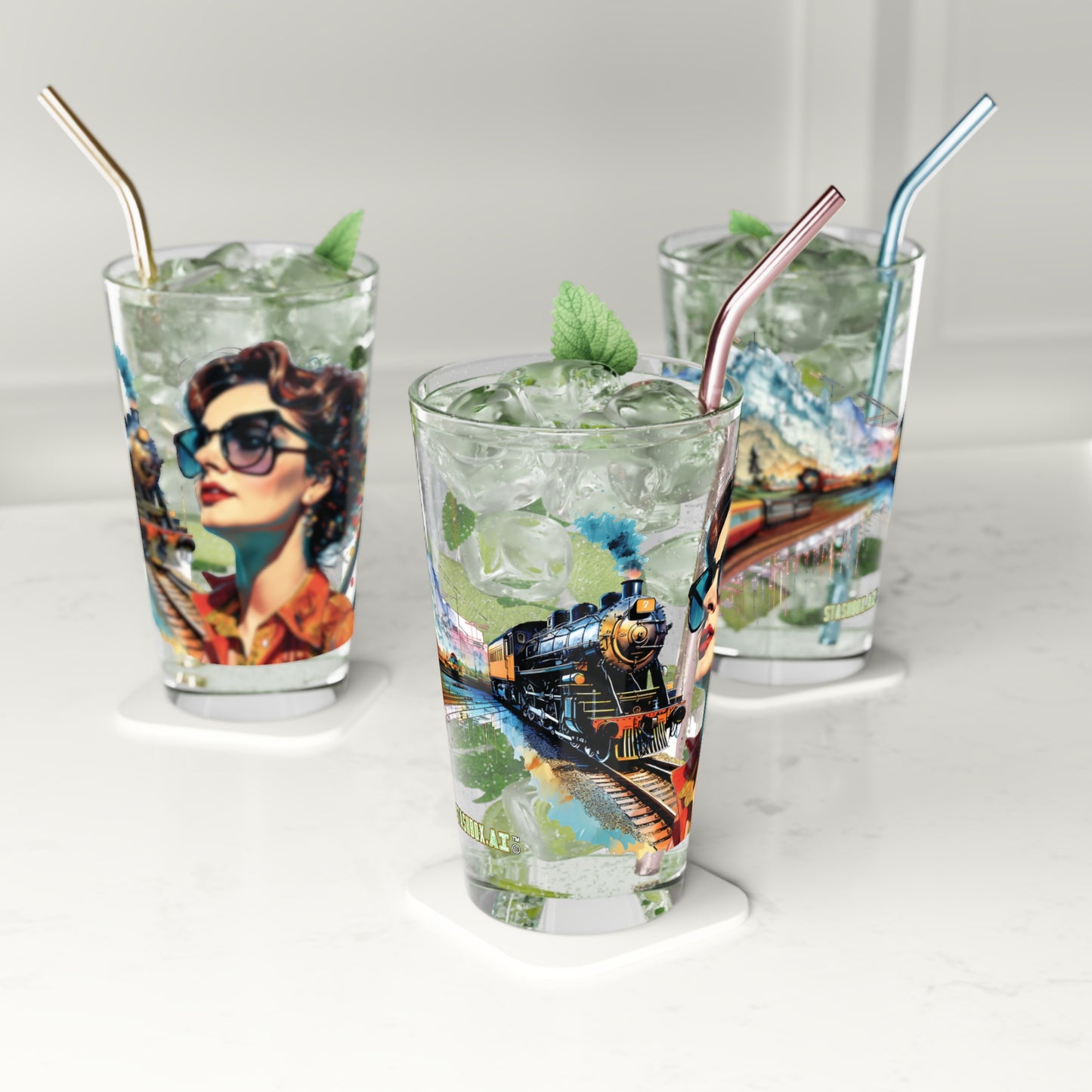 Discover the enchantment of our Woman and Train Pint Glass. A vibrant blend of colors and intricate design, this glass captures the essence of wanderlust and artistic brilliance. #TravelInspired #ArtisticGlassware