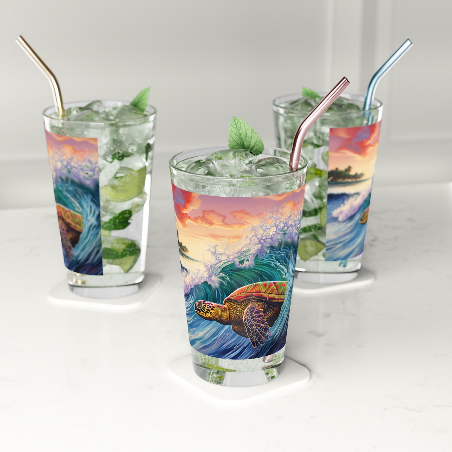 Immerse yourself in the charm of Hawaiian waves with our Turtle Surfing Waves Pint Glass. Waves Design #009 adorns this 16oz glass, a masterpiece by Stashbox, bringing the beauty of the ocean to your fingertips.