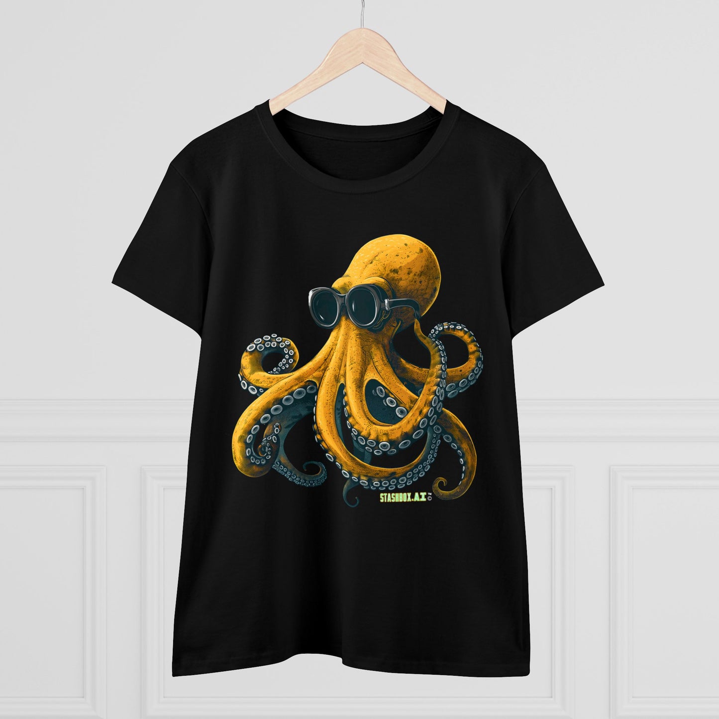 Women's Midweight Cotton Tshirt Yellow Octopus wearing goggles 001
