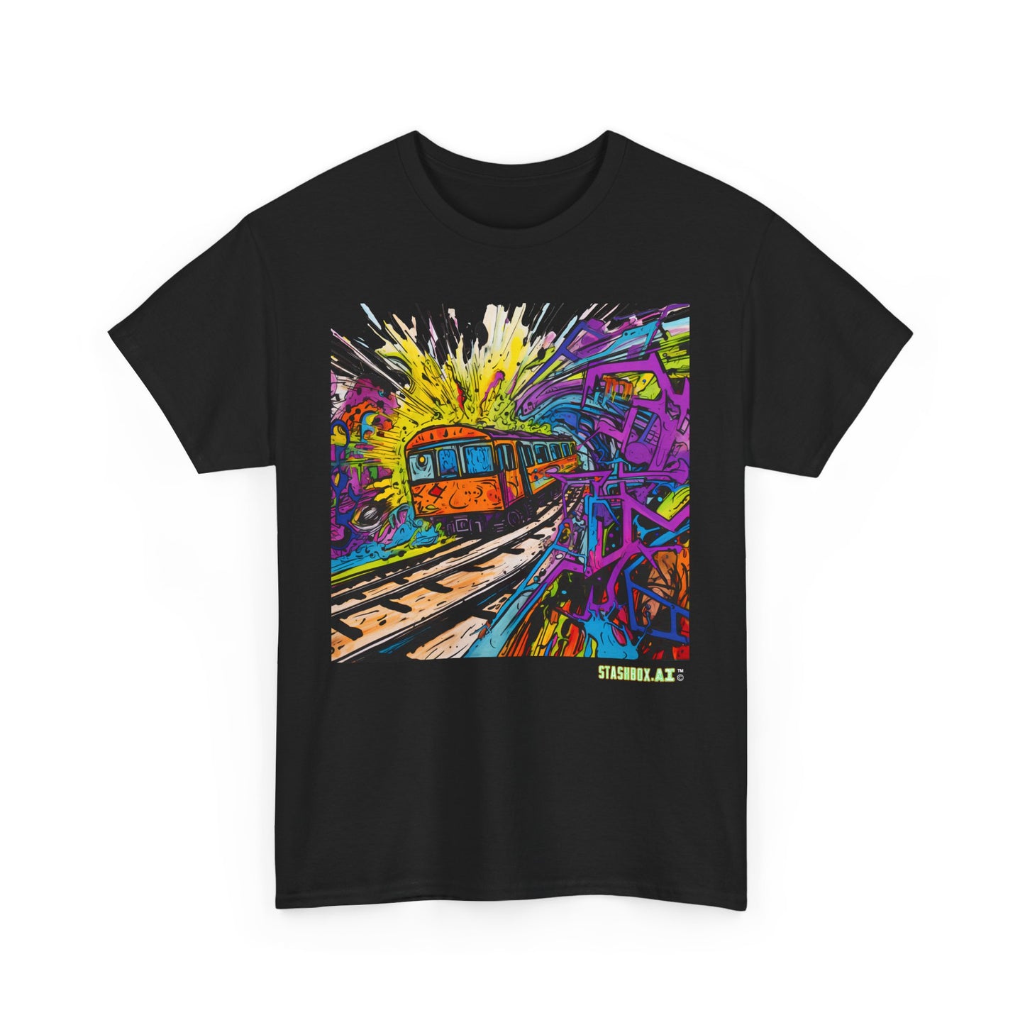 Insane Vibrant Color Train Roaring Down Track -  Unisex Heavy Cotton Tee - Stashbox Train Design 018