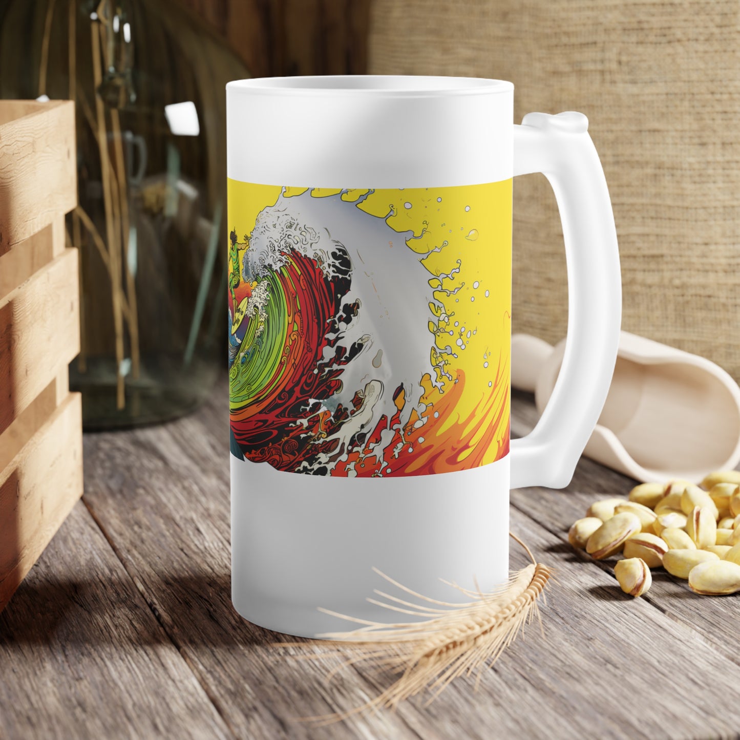 Immerse yourself in a psychedelic beach experience with our Mixed Media Surfer Frosted Glass Beer Mug, Design #063. Your glassware, your whimsical beach escape, exclusively at Stashbox.ai.