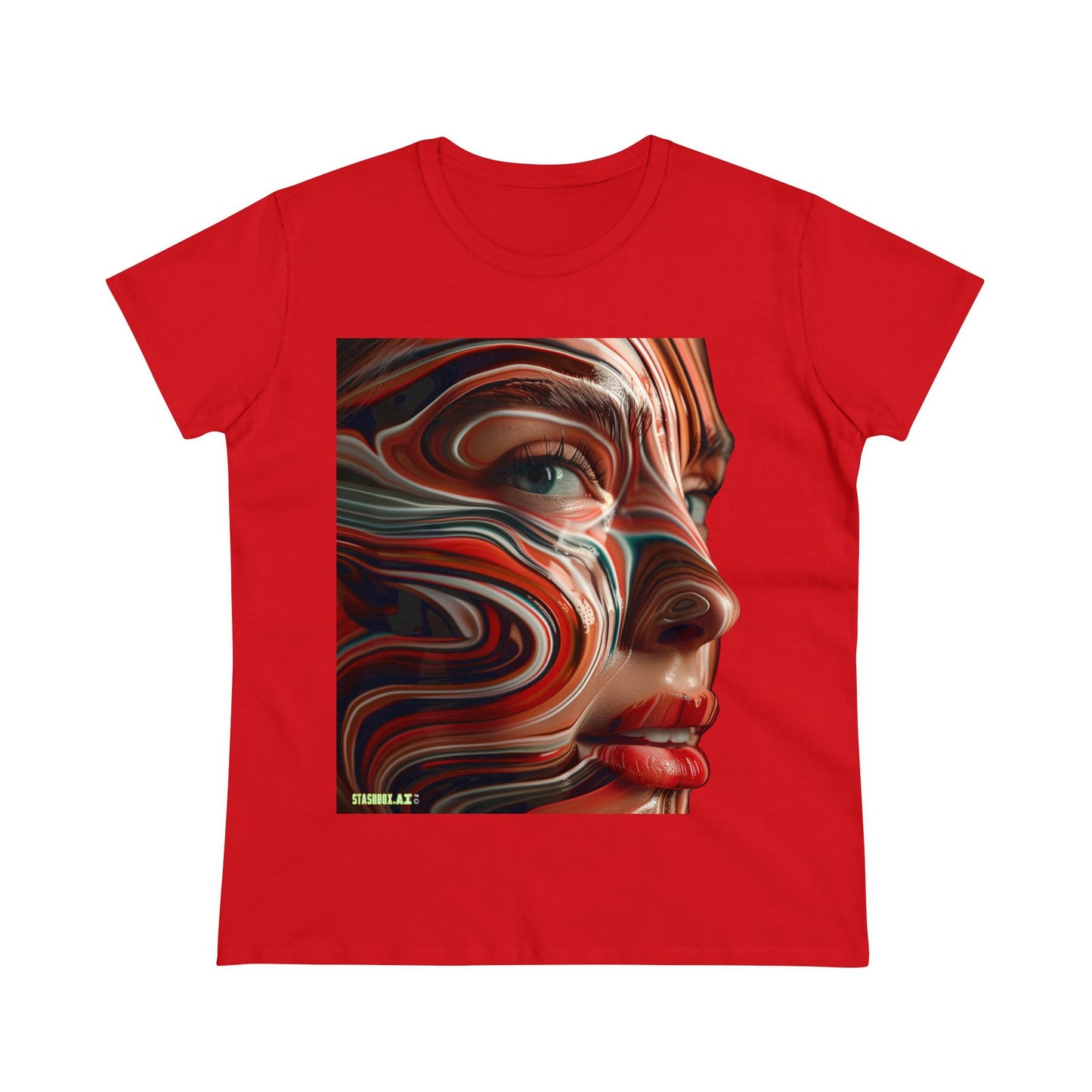 Women's Midweight Cotton Tee Pretty Model Red Swirl Face Paint 025