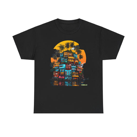 Heavy Cotton Tshirt Stacked Buildings Palm Trees Giant Sun 001