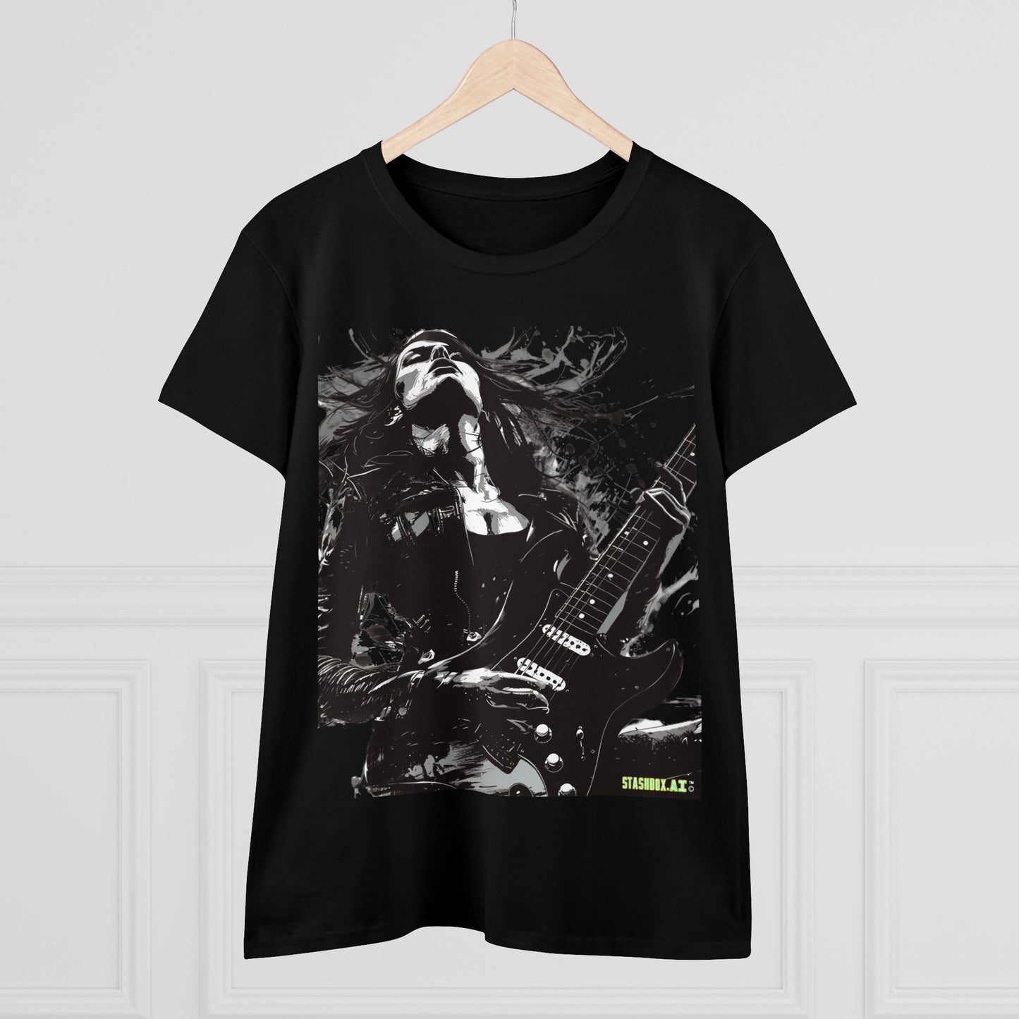 Women's Midweight Cotton Tshirt Girl Guitarist Rocking 001