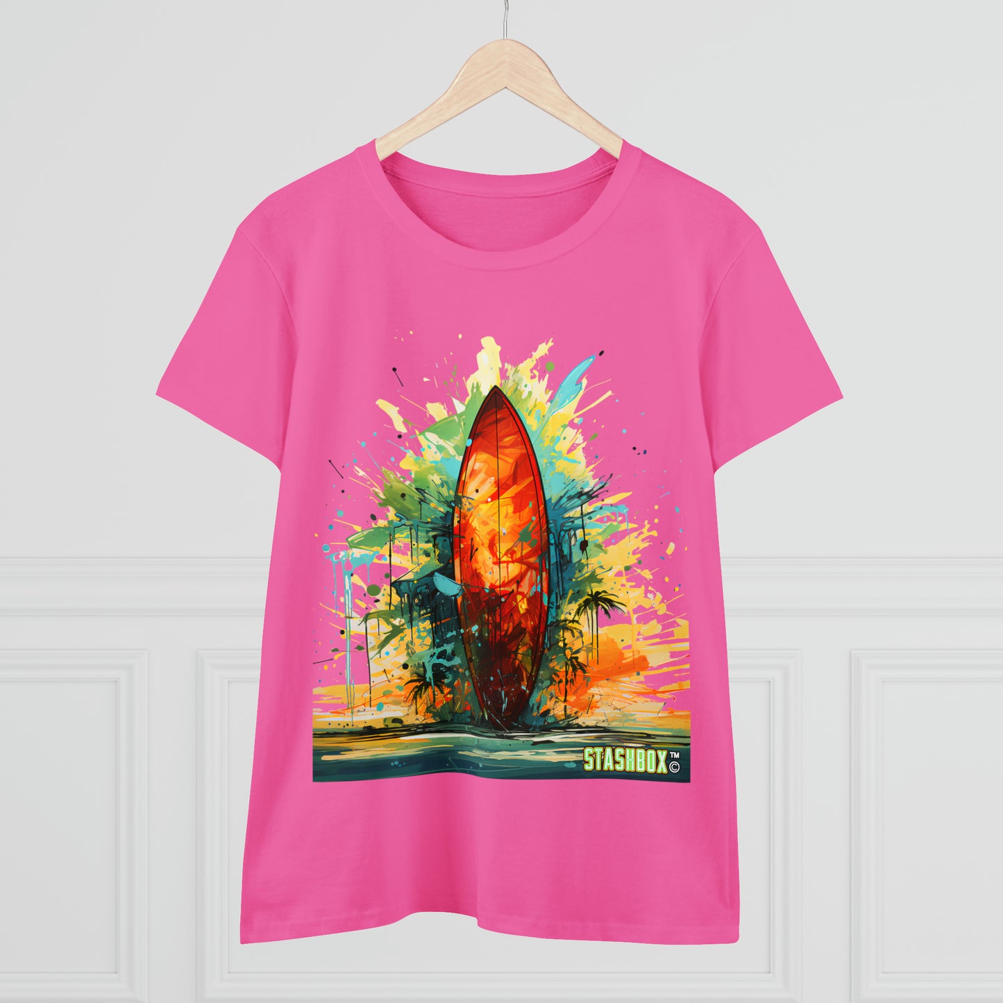 Beachy Hues, Stylish You: Embrace the spirit of the shore with our Women's Midweight Cotton Tee - Surfboard Design #010. Featuring vibrant paint art, this tee captures the essence of beachy bliss and artistic expression. 🎨🏖️ #BeachVibes #StashboxStyle #SurfboardCharm