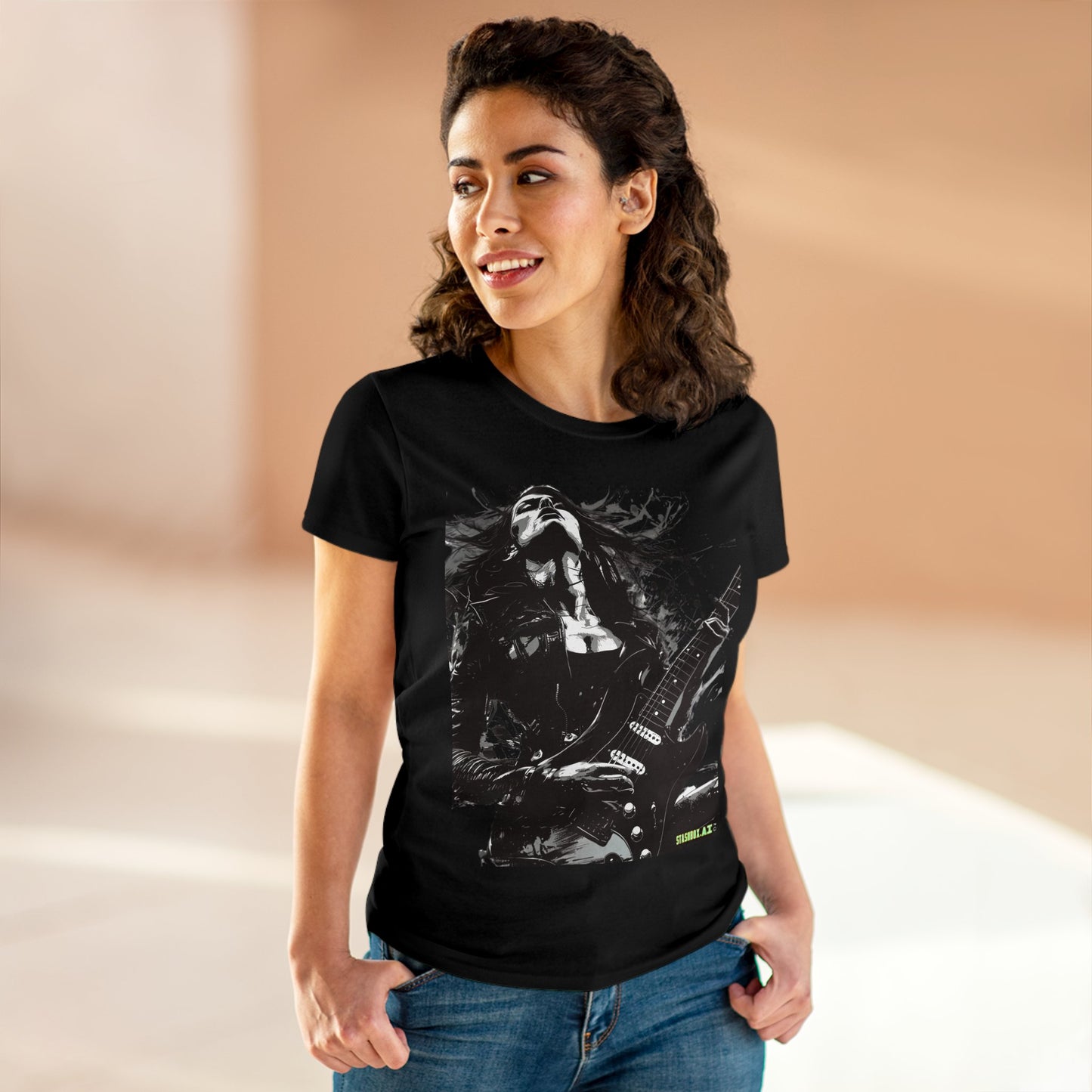 Women's Midweight Cotton Tshirt Girl Guitarist Rocking 001